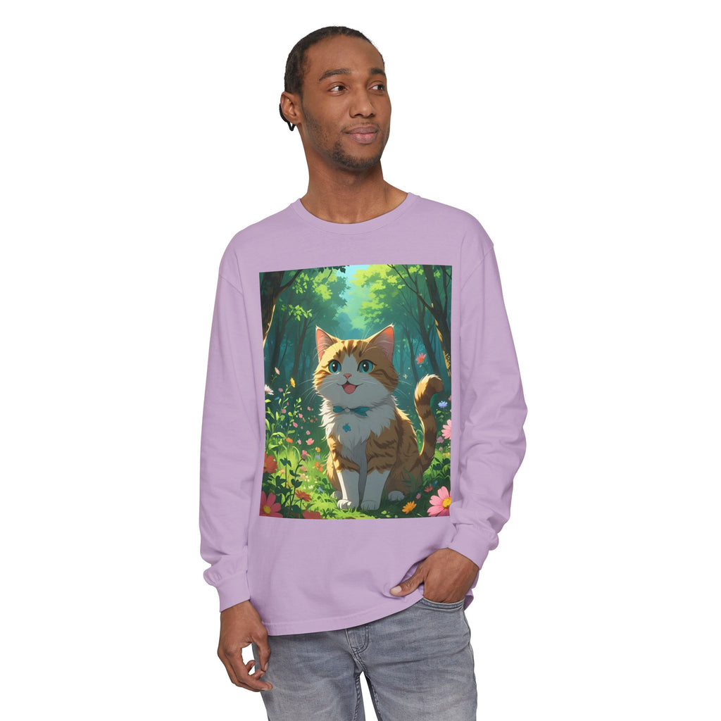 Whimsical Cat In Forest Long Sleeve T-Shirt - Perfect for Cat Lovers, Nature Enthusiasts, Gifts, Cozy Wear, Everyday Style