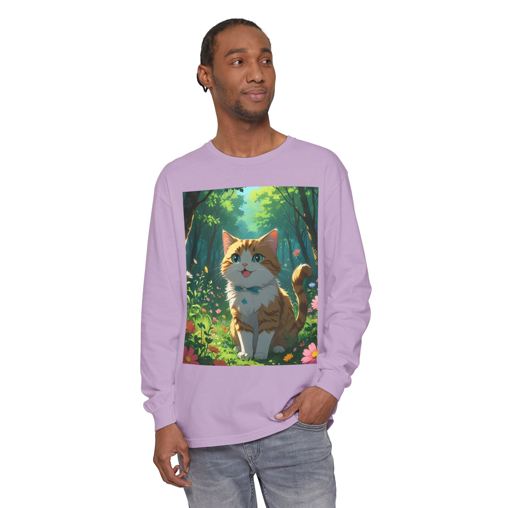 Whimsical Cat In Forest Long Sleeve T-Shirt - Perfect for Cat Lovers, Nature Enthusiasts, Gifts, Cozy Wear, Everyday Style