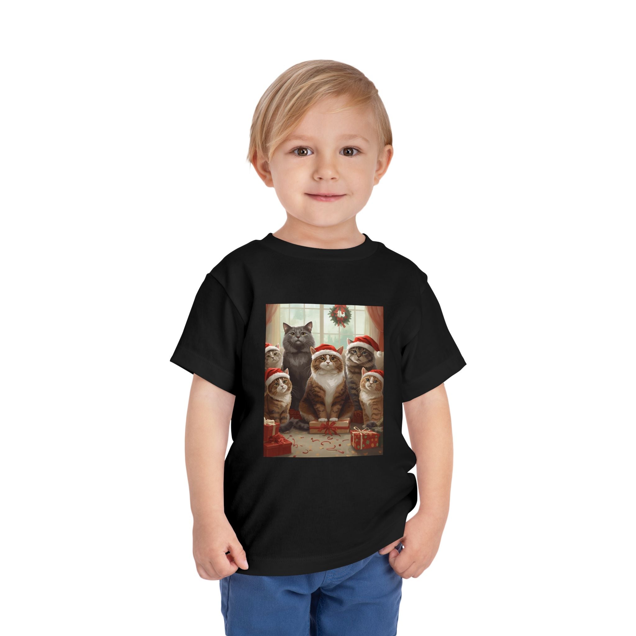 Cute Festive Christmas Cat Toddler Short Sleeve Tee