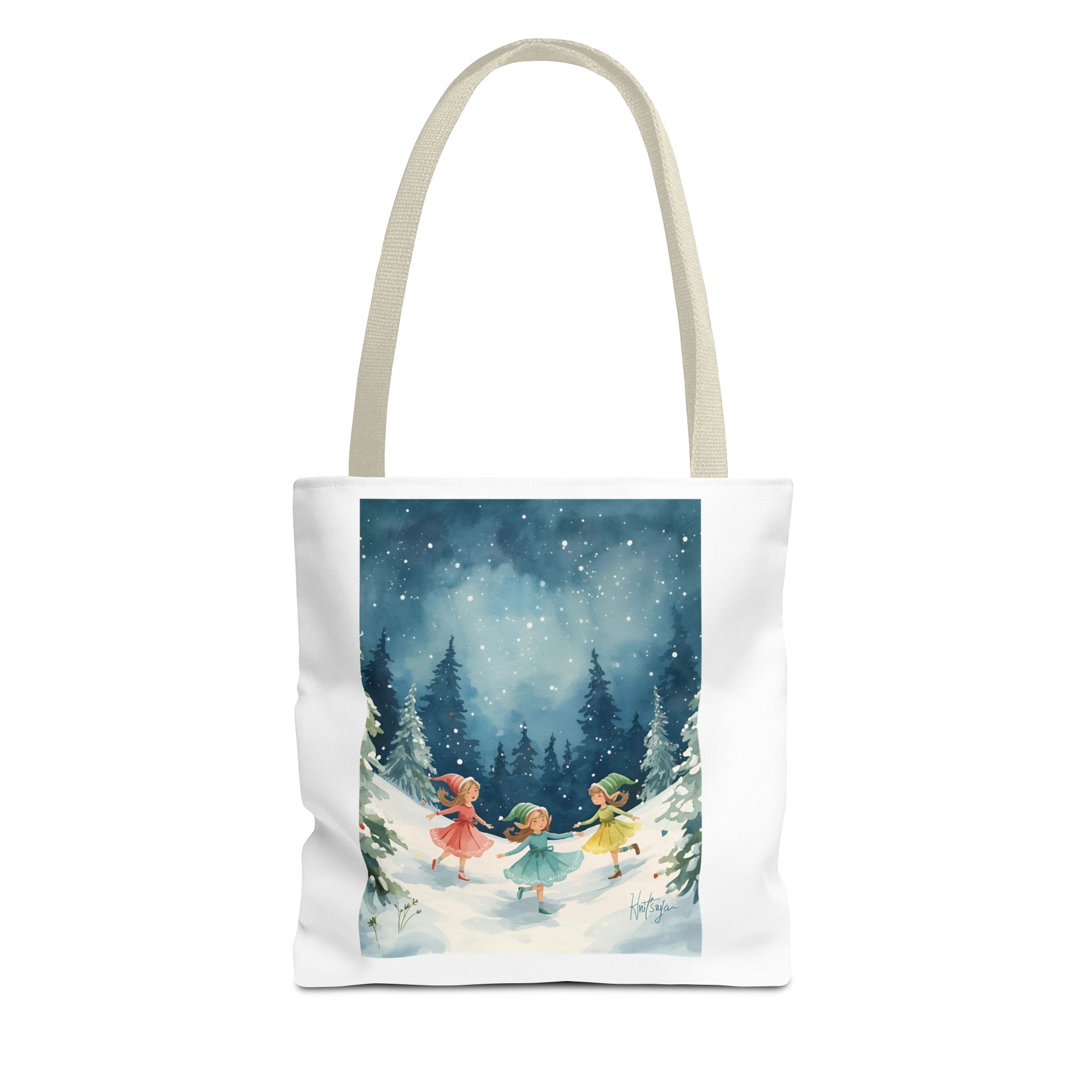 Winter Wonderland Tote Bag, Cute Girls Playing in Snow, AOP Design, Perfect for Gifts, Seasonal Bag, Eco-Friendly Shopping
