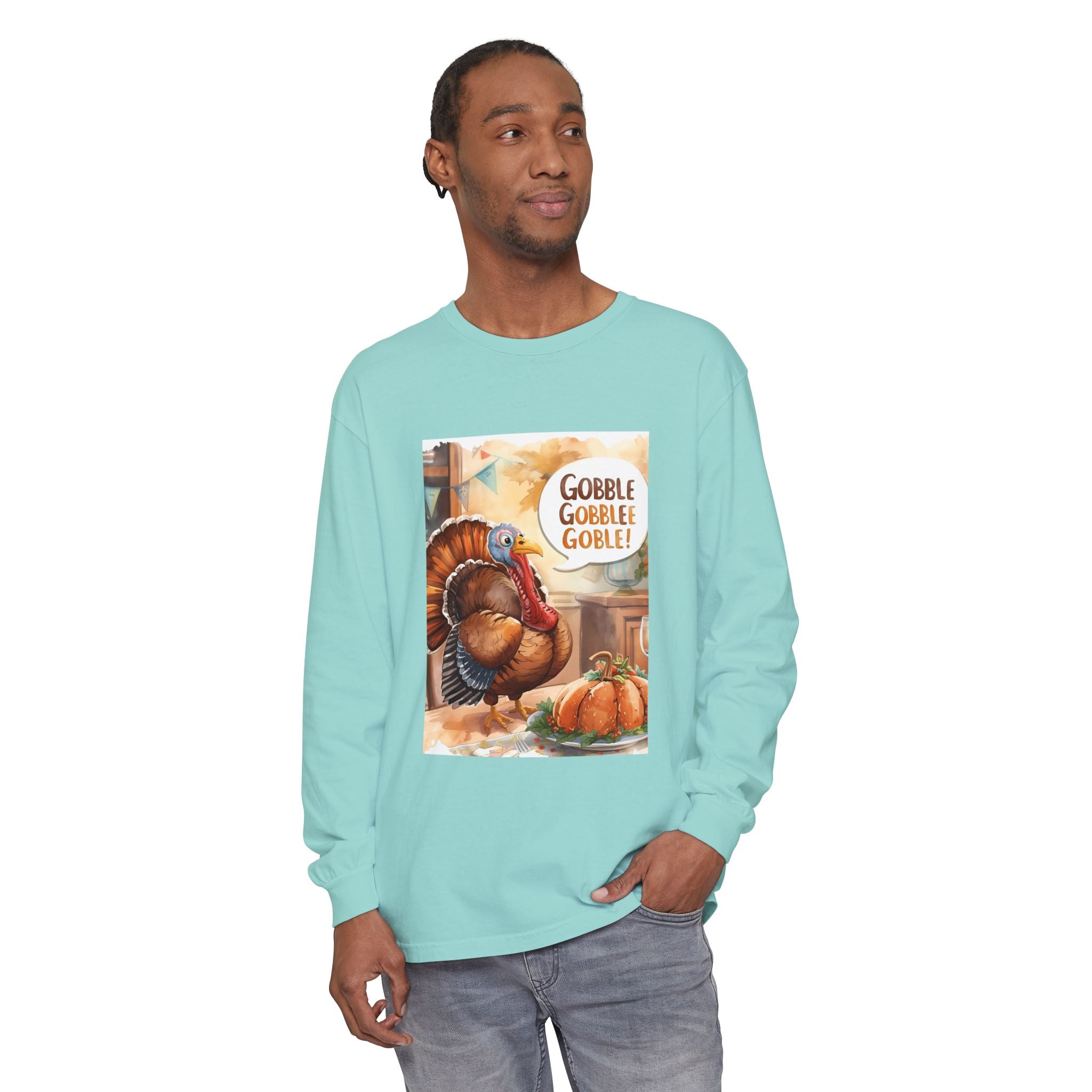 Thanksgiving Long Sleeve T-Shirt with Turkey Design, Fall Apparel, Holiday Gift, Family Gathering Shirt, Gobble Gobble Tee