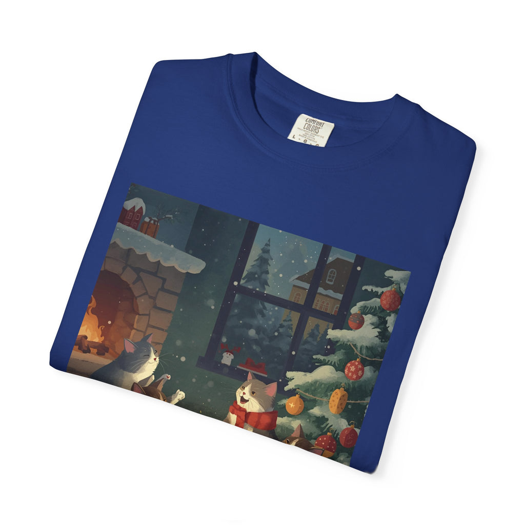 Cozy Cat Campfire T-shirt, Unisex Garment-Dyed Tee, Holiday Gift, Cat Lover Gift, Cute Winter T-shirt, Cozy Nightwear, Christmas Shirt
