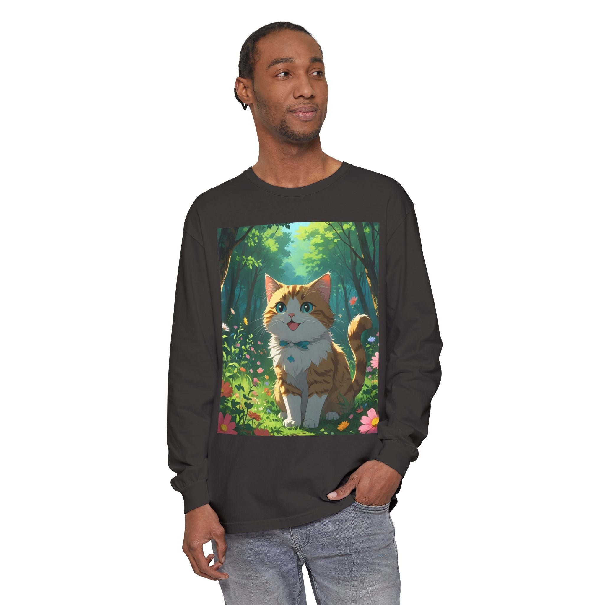 Whimsical Cat In Forest Long Sleeve T-Shirt - Perfect for Cat Lovers, Nature Enthusiasts, Gifts, Cozy Wear, Everyday Style