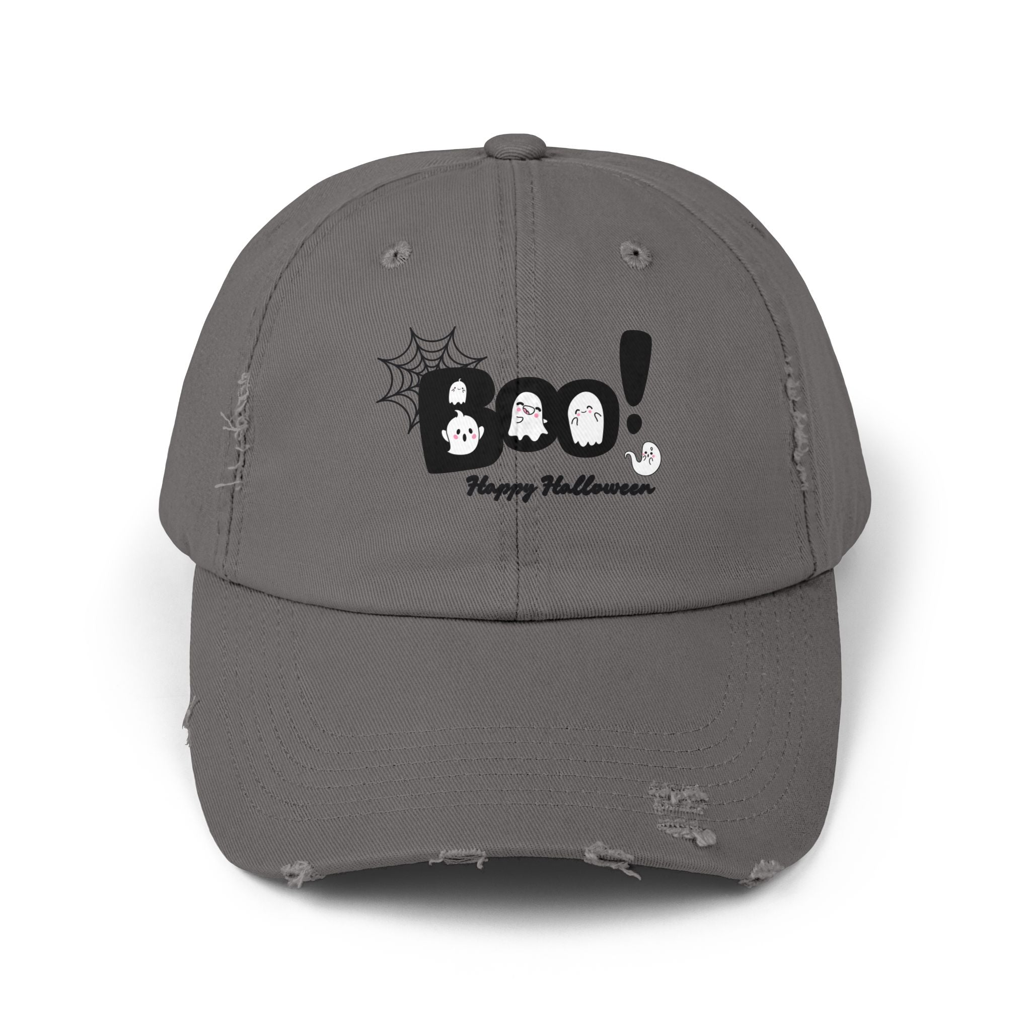 Halloween Boo Distressed Cap, Trendy Unisex Hat, Spooky Accessory, Fall Fashion, Casual Wear, Gift for Halloween Enthusiasts