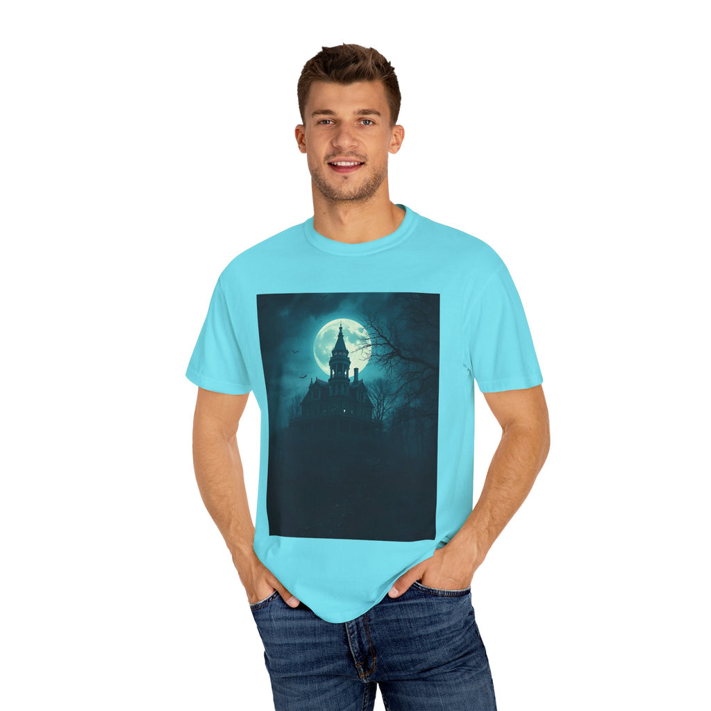 Haunted Moonlight Spooky Castle Graphic Tee | Unisex Garment-Dyed T-shirt, Halloween Shirt, Graphic Tee, Casual Wear, Gift for Ghost Lovers