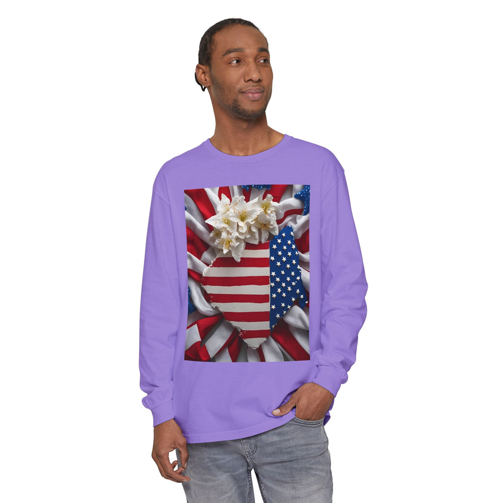 Patriotic Long Sleeve T-Shirt | Unisex Garment-Dyed Tee for Independence Day, Memorial Day, Fourth of July, Summer BBQs, Gifts