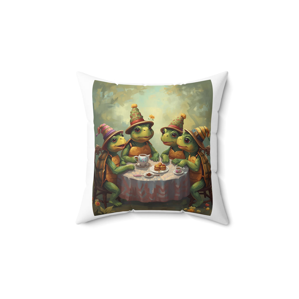Whimsical Turtle Tea Party Pillow, Decorative Cushion, Unique Home Decor, Gift for Animal Lovers, Playful Living Room Accent