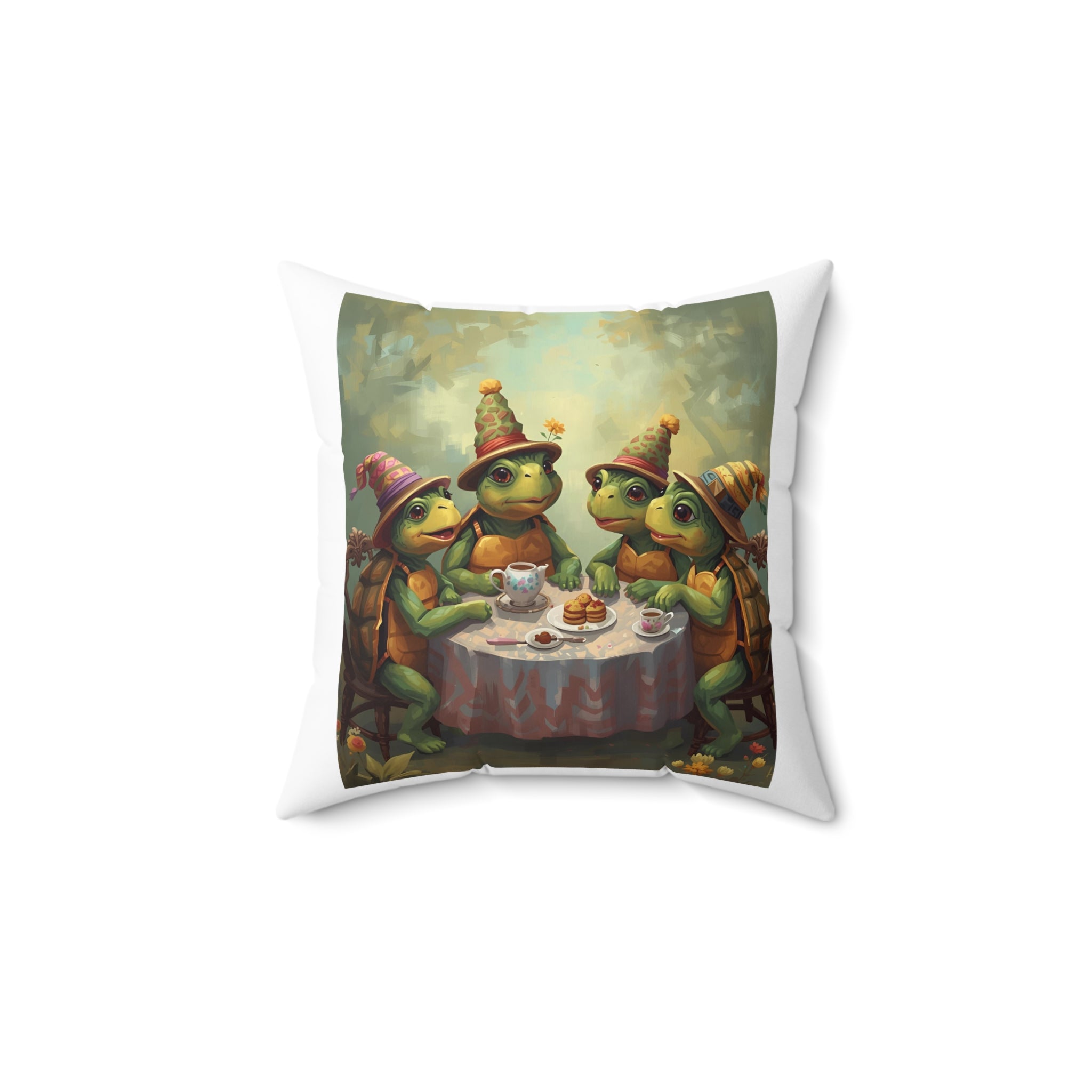 Whimsical Turtle Tea Party Pillow, Decorative Cushion, Unique Home Decor, Gift for Animal Lovers, Playful Living Room Accent