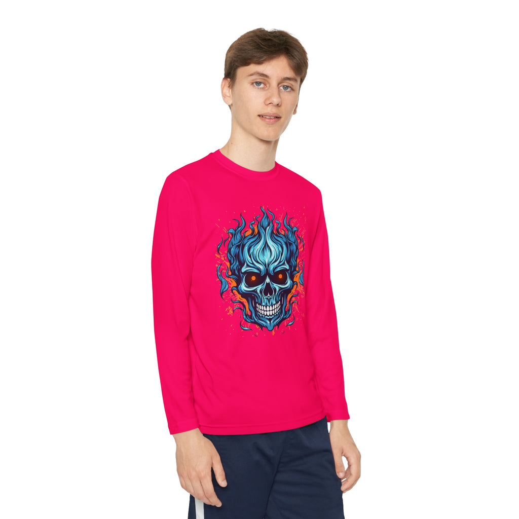 Skull Flame Youth Long Sleeve Skull Tee, Perfect for Halloween, Edgy Gift for Teens, Cozy Casual Wear, Skull Art Graphic Tee, Unique Birthday Present
