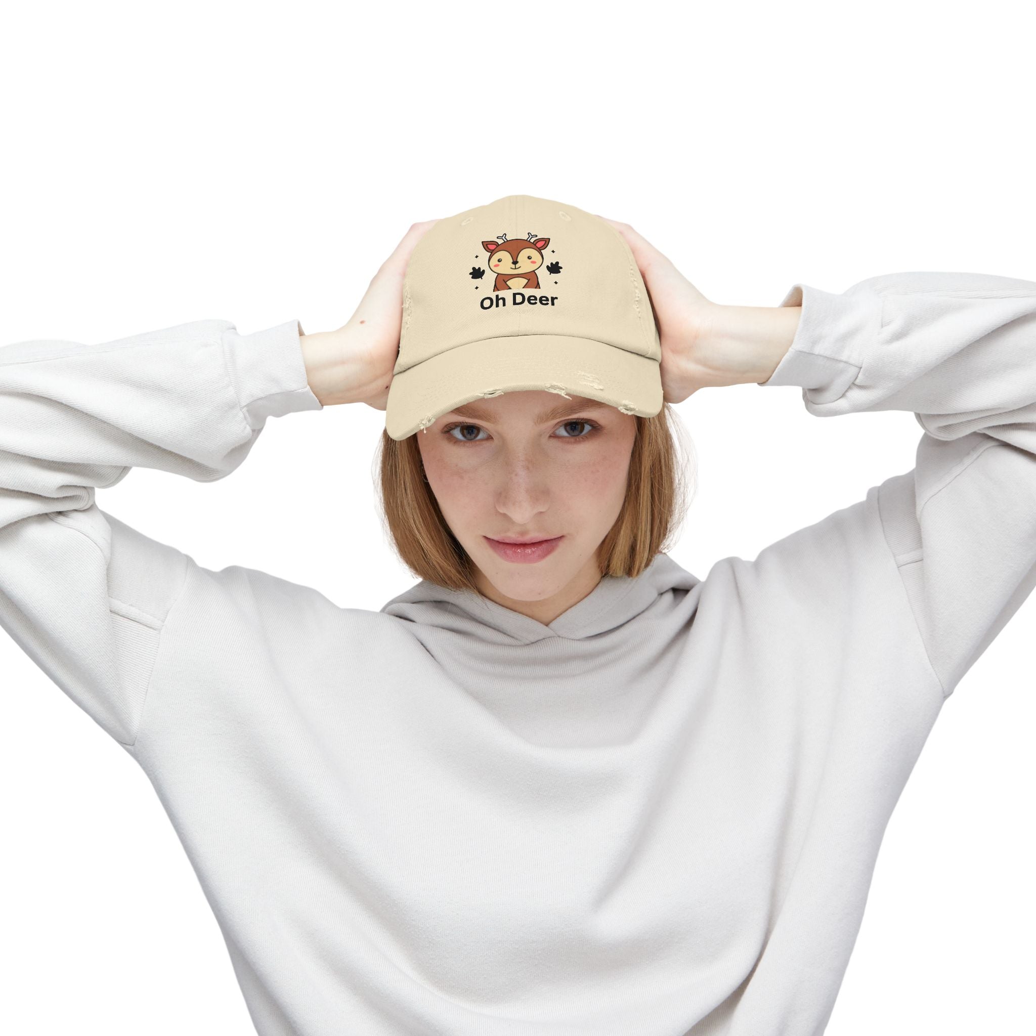 Cute Distressed Cap with 'Oh Deer' Design, Fun Gift for Nature Lovers, Unisex Outdoor Hat, Ideal for Birthdays, Holidays, Casual Wear
