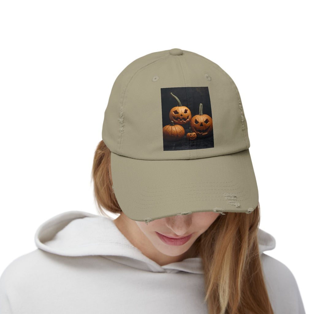 Halloween Pumpkin Distressed Cap, Unisex Fall Hat, Spooky Seasonal Cap, Pumpkin Patch Accessory, Halloween Costume Hat