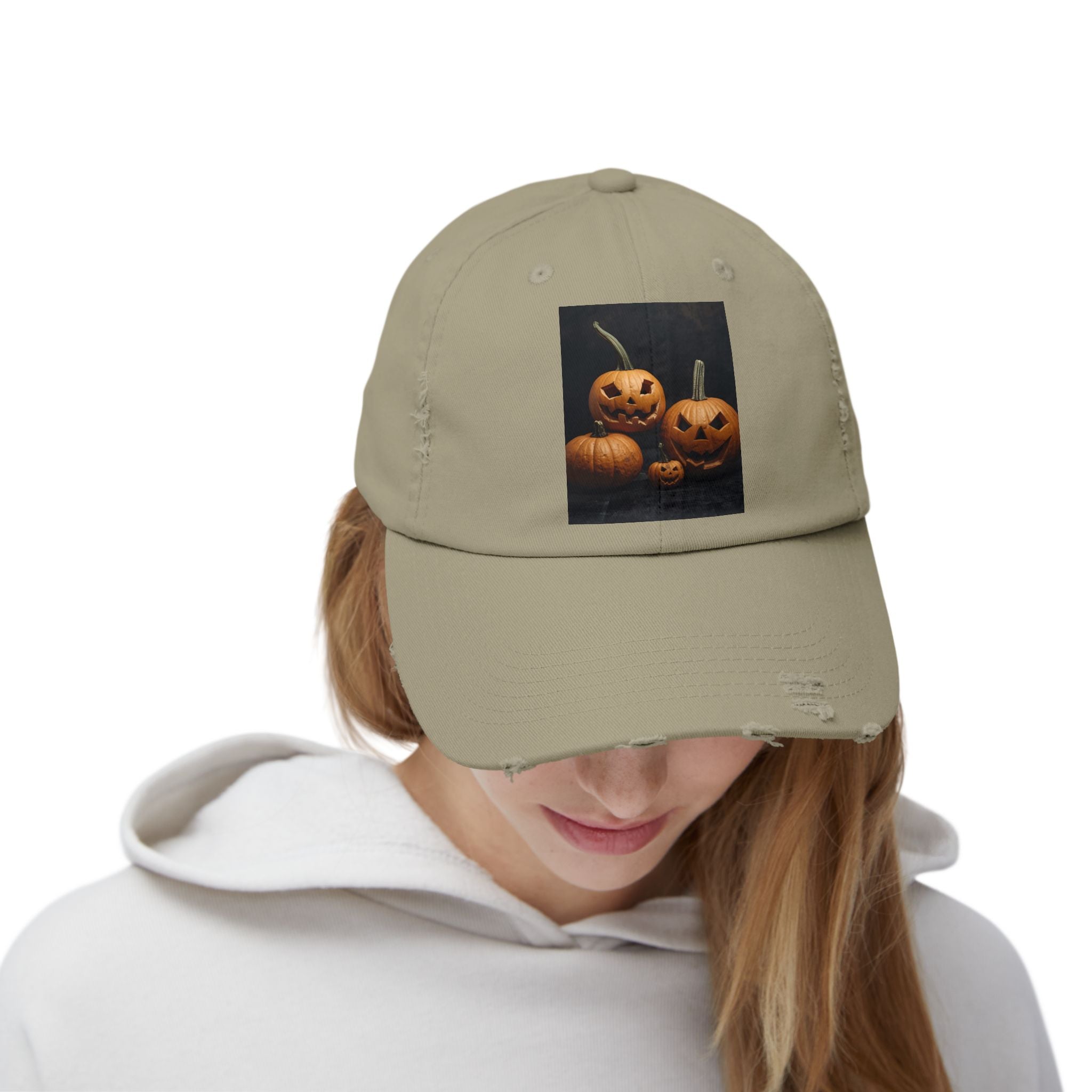 Halloween Pumpkin Distressed Cap, Unisex Fall Hat, Spooky Seasonal Cap, Pumpkin Patch Accessory, Halloween Costume Hat