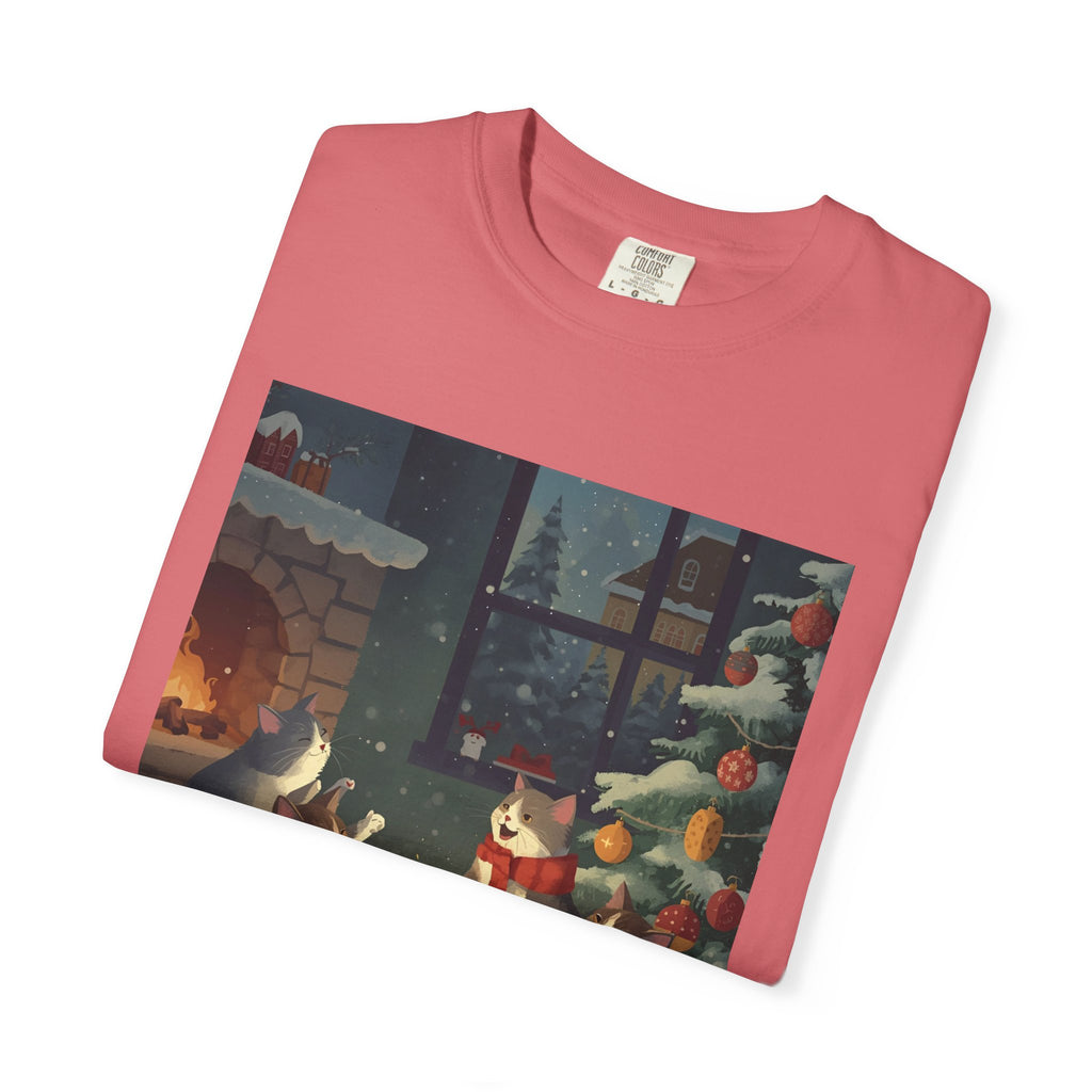 Cozy Cat Campfire T-shirt, Unisex Garment-Dyed Tee, Holiday Gift, Cat Lover Gift, Cute Winter T-shirt, Cozy Nightwear, Christmas Shirt