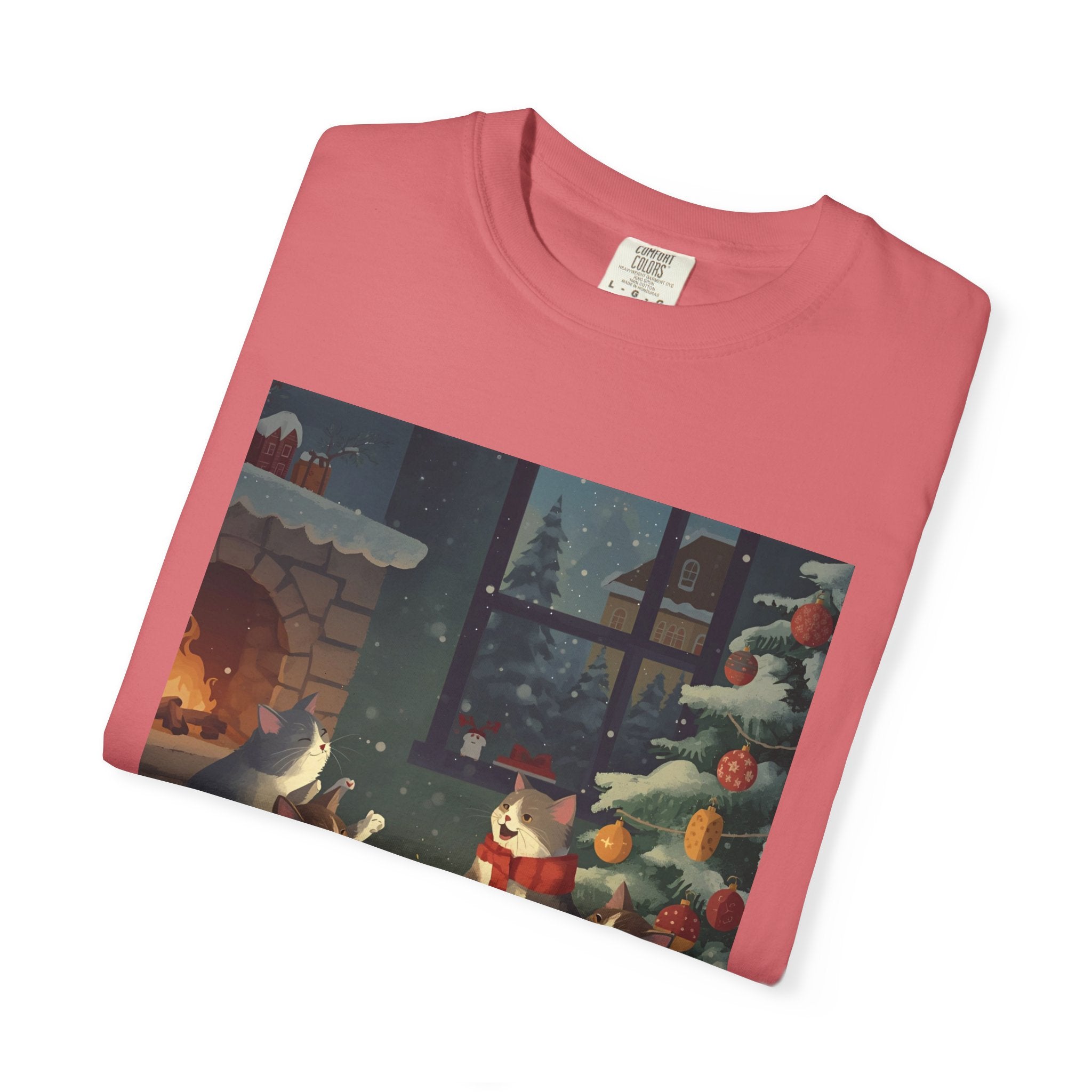 Cozy Cat Campfire T-shirt, Unisex Garment-Dyed Tee, Holiday Gift, Cat Lover Gift, Cute Winter T-shirt, Cozy Nightwear, Christmas Shirt
