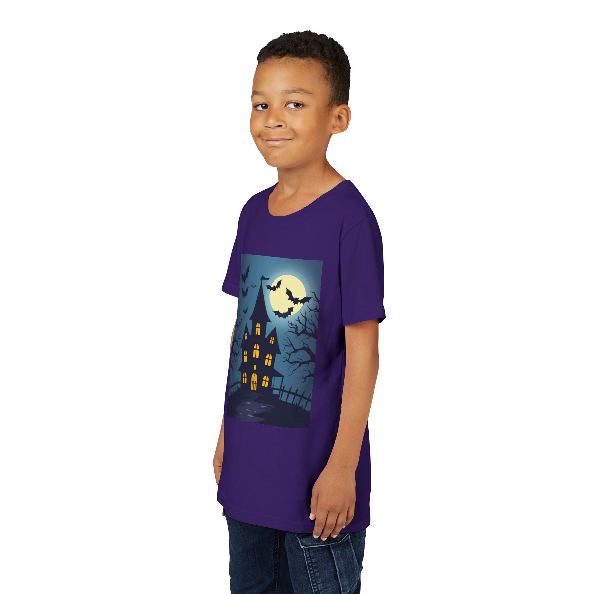 Spooky Halloween Haunted House Youth Tee, Kids Ghost T-Shirt, Haunted House Apparel, Bat Design Shirt, Trick or Treat Clothing