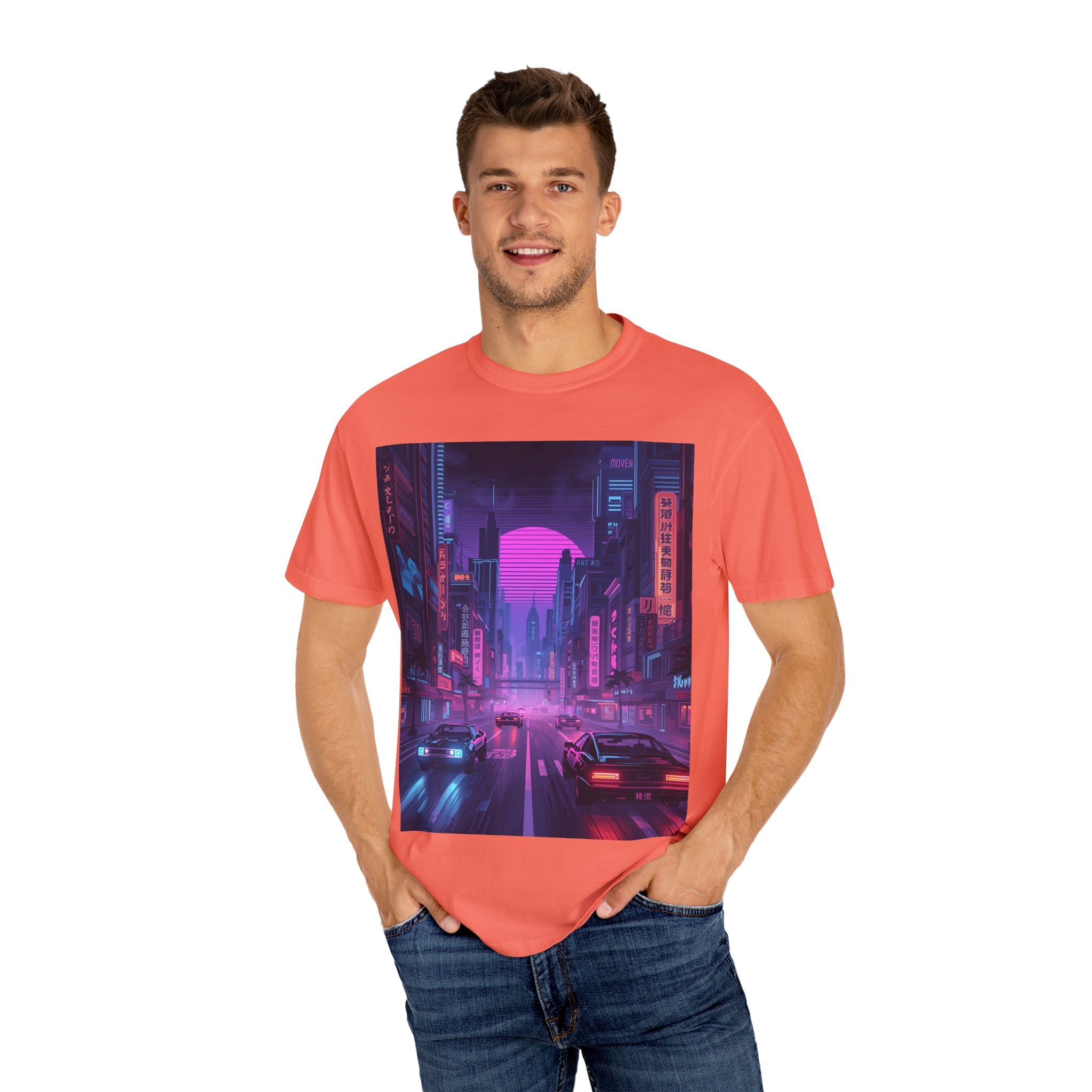 Futuristic Neon Cityscape T-Shirt, Retro Graphic Tee, Unisex Streetwear, Urban Vibe Shirt, Gift for Gamers, Summer Outfit
