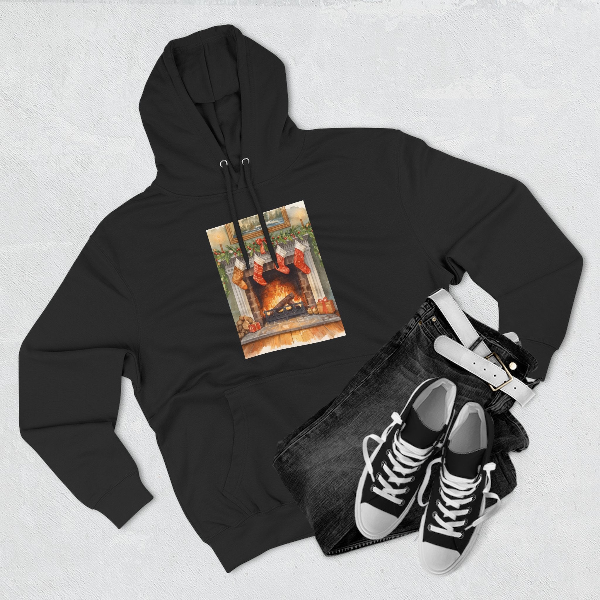 Christmas Stocking Fireplace Three-Panel Fleece Hoodie