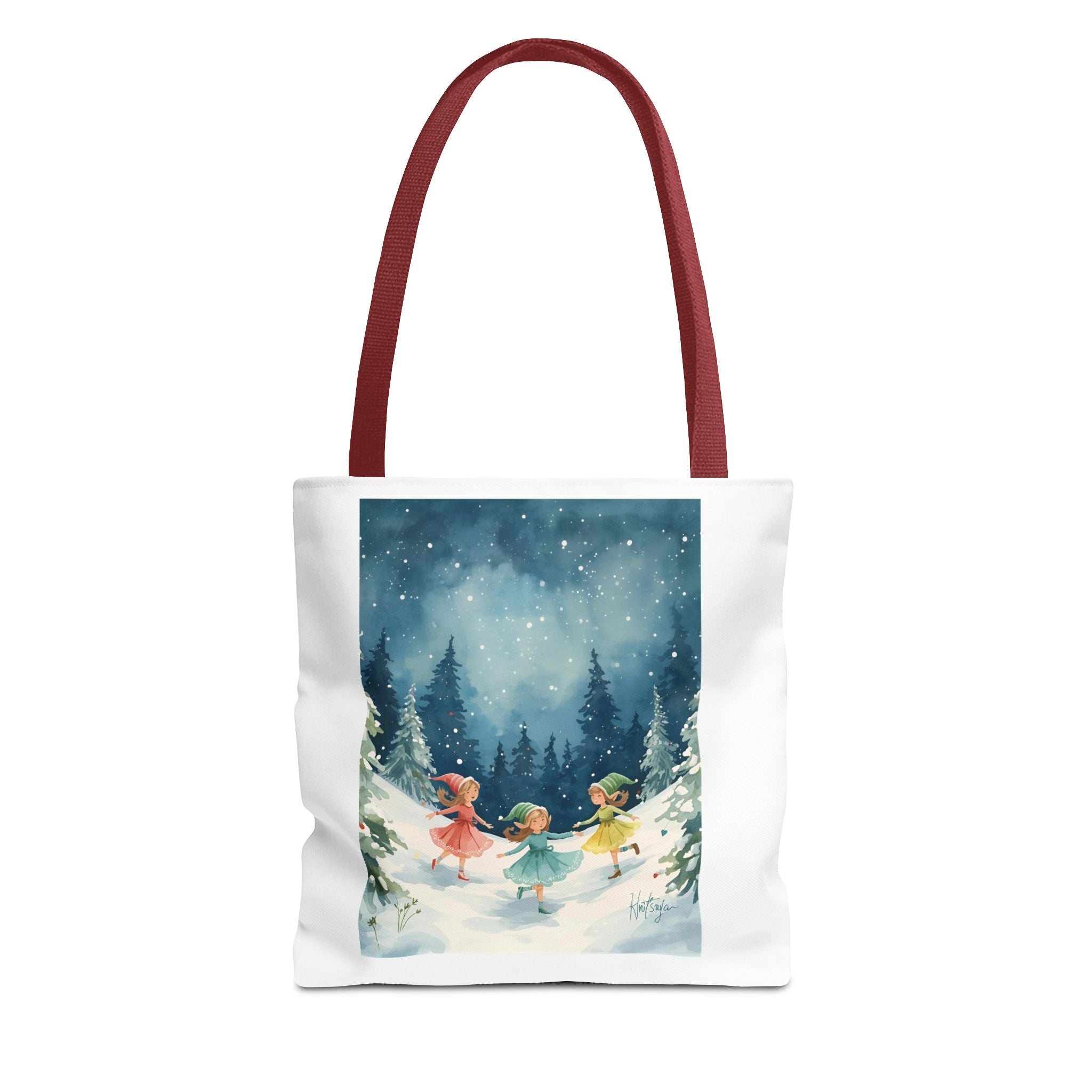 Winter Wonderland Tote Bag, Cute Girls Playing in Snow, AOP Design, Perfect for Gifts, Seasonal Bag, Eco-Friendly Shopping