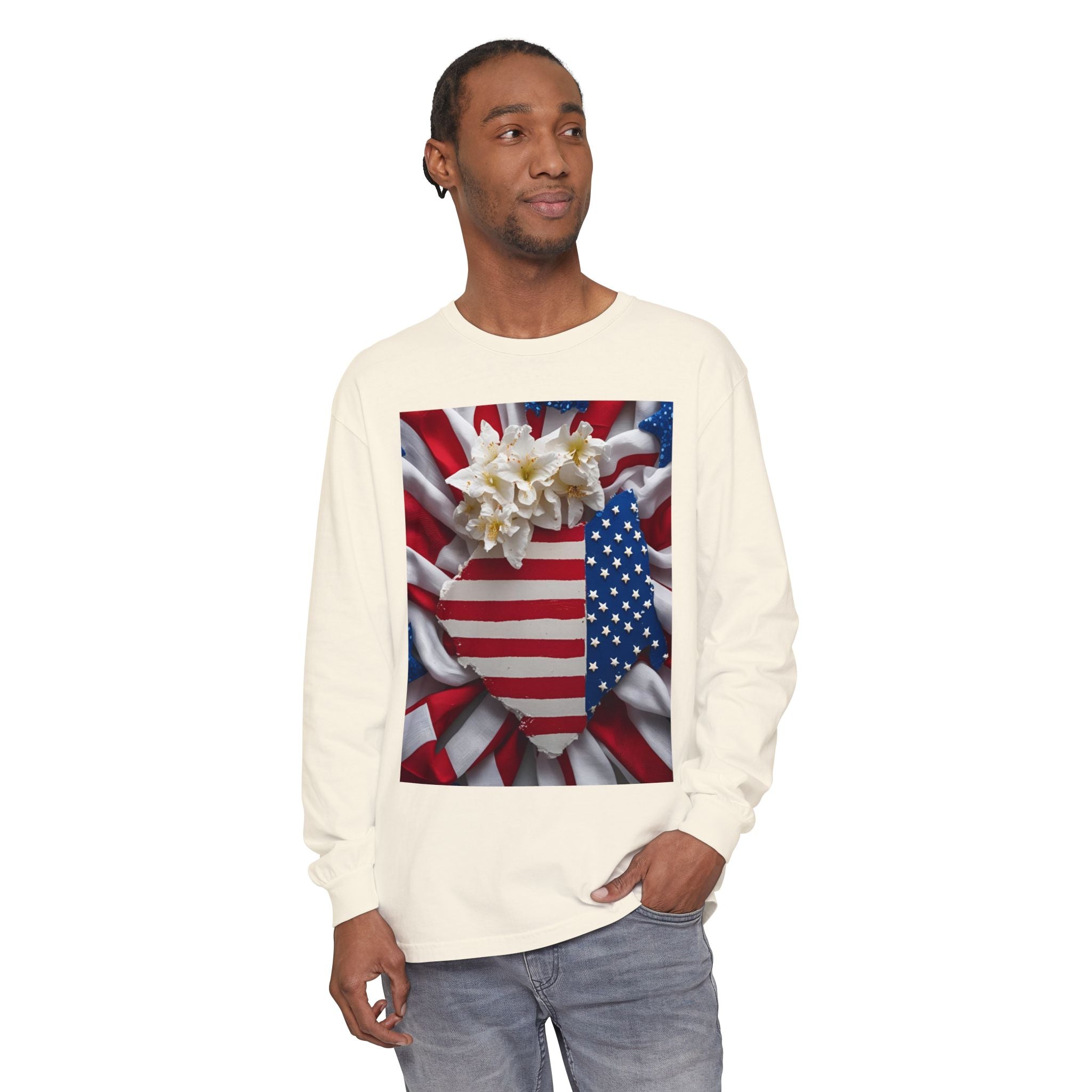 Patriotic Long Sleeve T-Shirt | Unisex Garment-Dyed Tee for Independence Day, Memorial Day, Fourth of July, Summer BBQs, Gifts