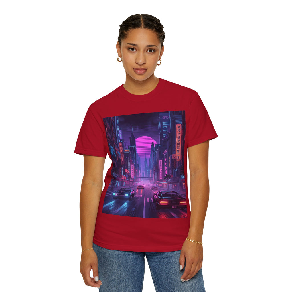 Futuristic Neon Cityscape T-Shirt, Retro Graphic Tee, Unisex Streetwear, Urban Vibe Shirt, Gift for Gamers, Summer Outfit