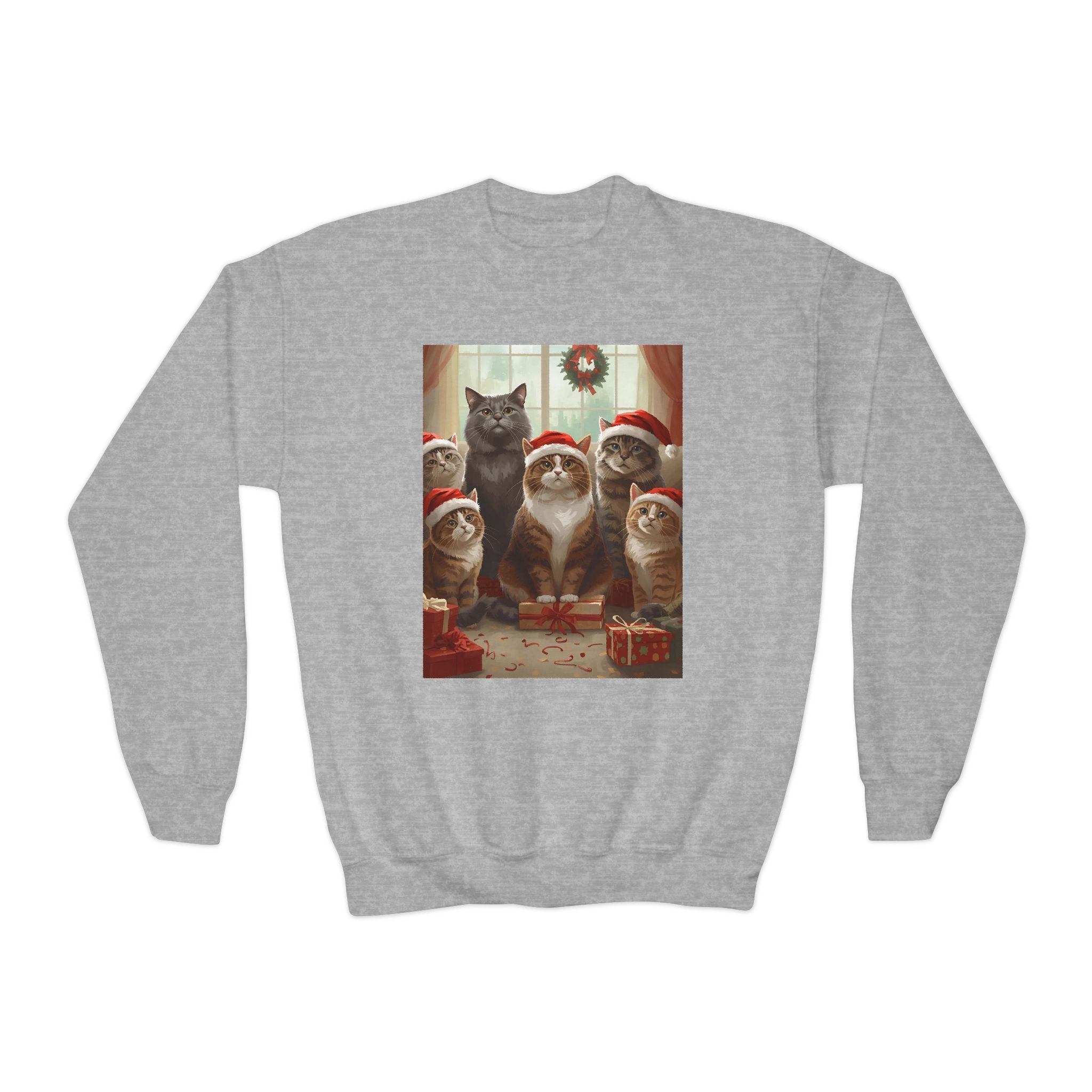 Cute Festive Christmas Cat Youth Crewneck Sweatshirt