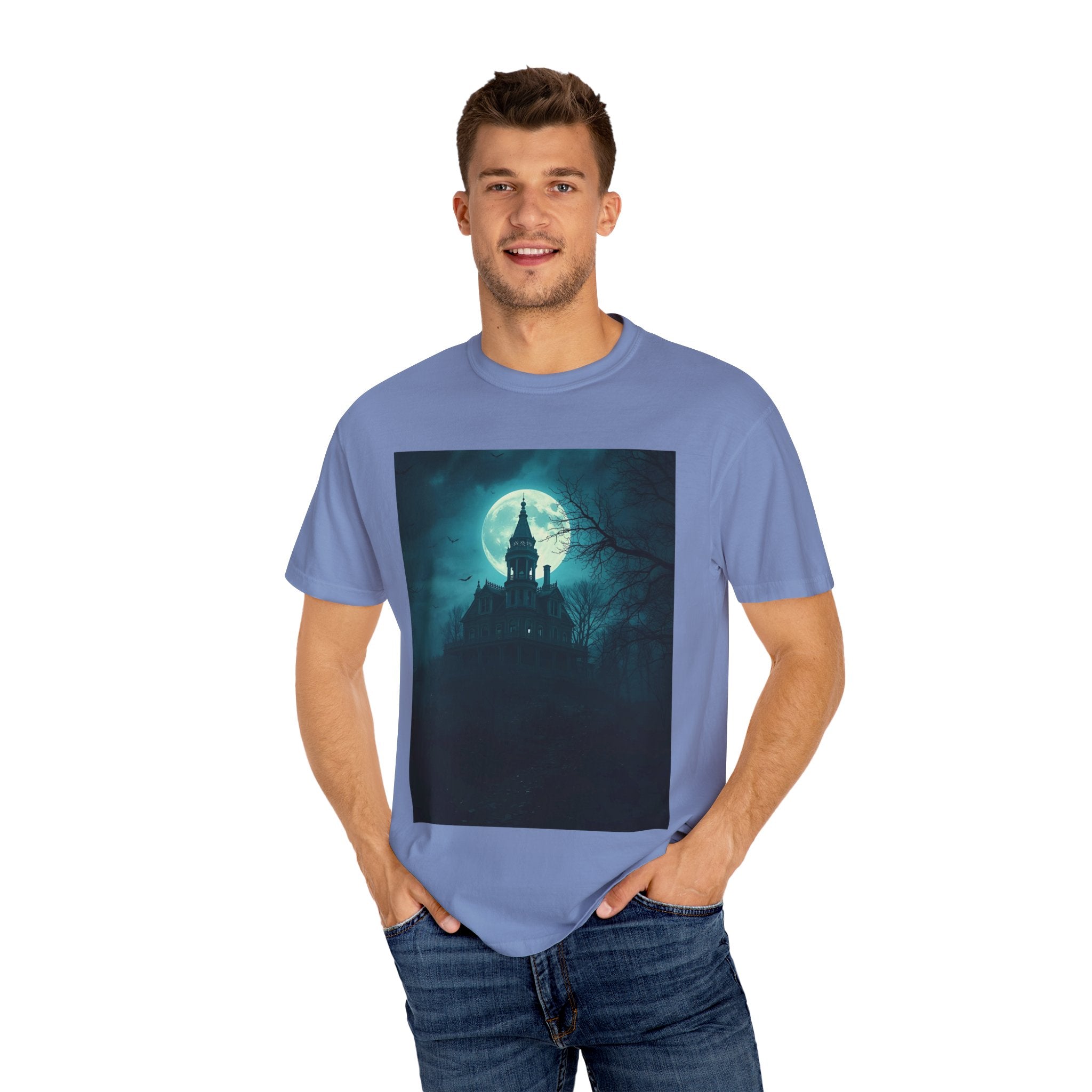 Haunted Moonlight Spooky Castle Graphic Tee | Unisex Garment-Dyed T-shirt, Halloween Shirt, Graphic Tee, Casual Wear, Gift for Ghost Lovers
