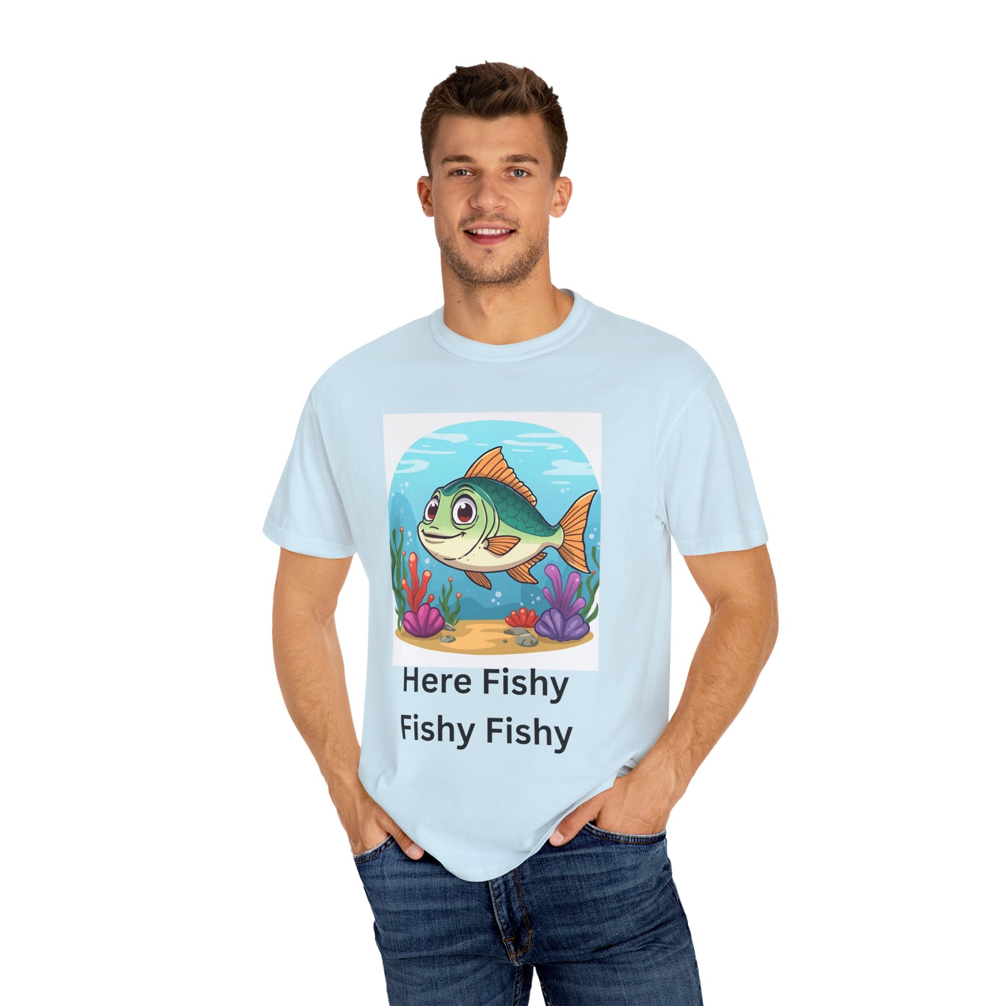 Here Fishy Fishy Fishy Colorful Fish-Themed Unisex T-Shirt, Fun Graphic Tee for Kids and Adults, Perfect for Summer, Fishing Trips, and Gift Giving