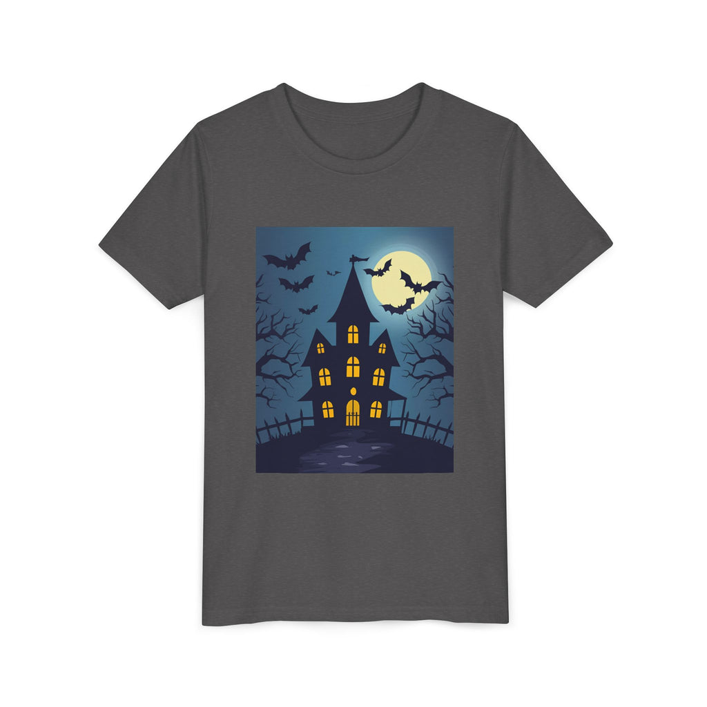 Spooky Halloween Haunted House Youth Tee, Kids Ghost T-Shirt, Haunted House Apparel, Bat Design Shirt, Trick or Treat Clothing