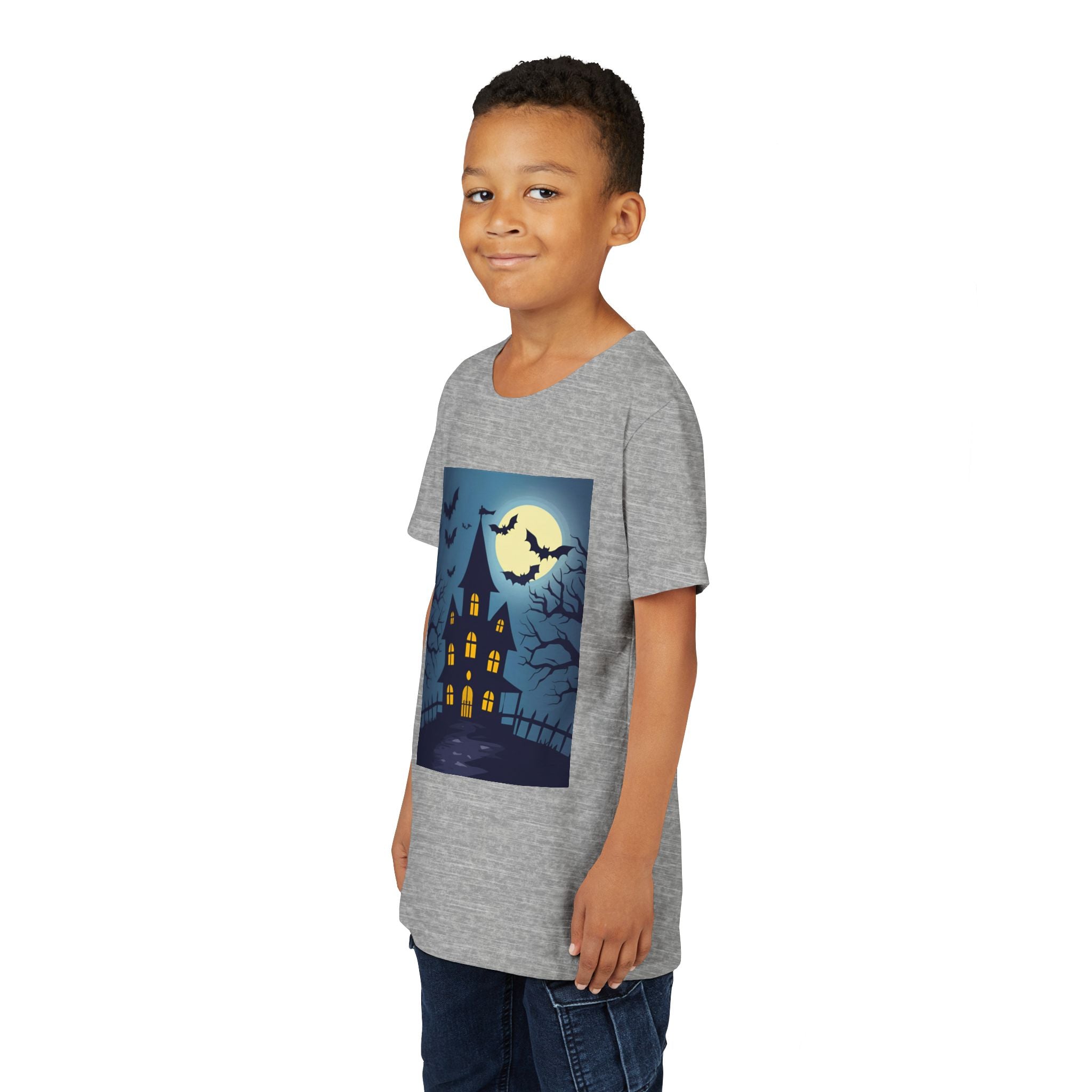 Spooky Halloween Haunted House Youth Tee, Kids Ghost T-Shirt, Haunted House Apparel, Bat Design Shirt, Trick or Treat Clothing