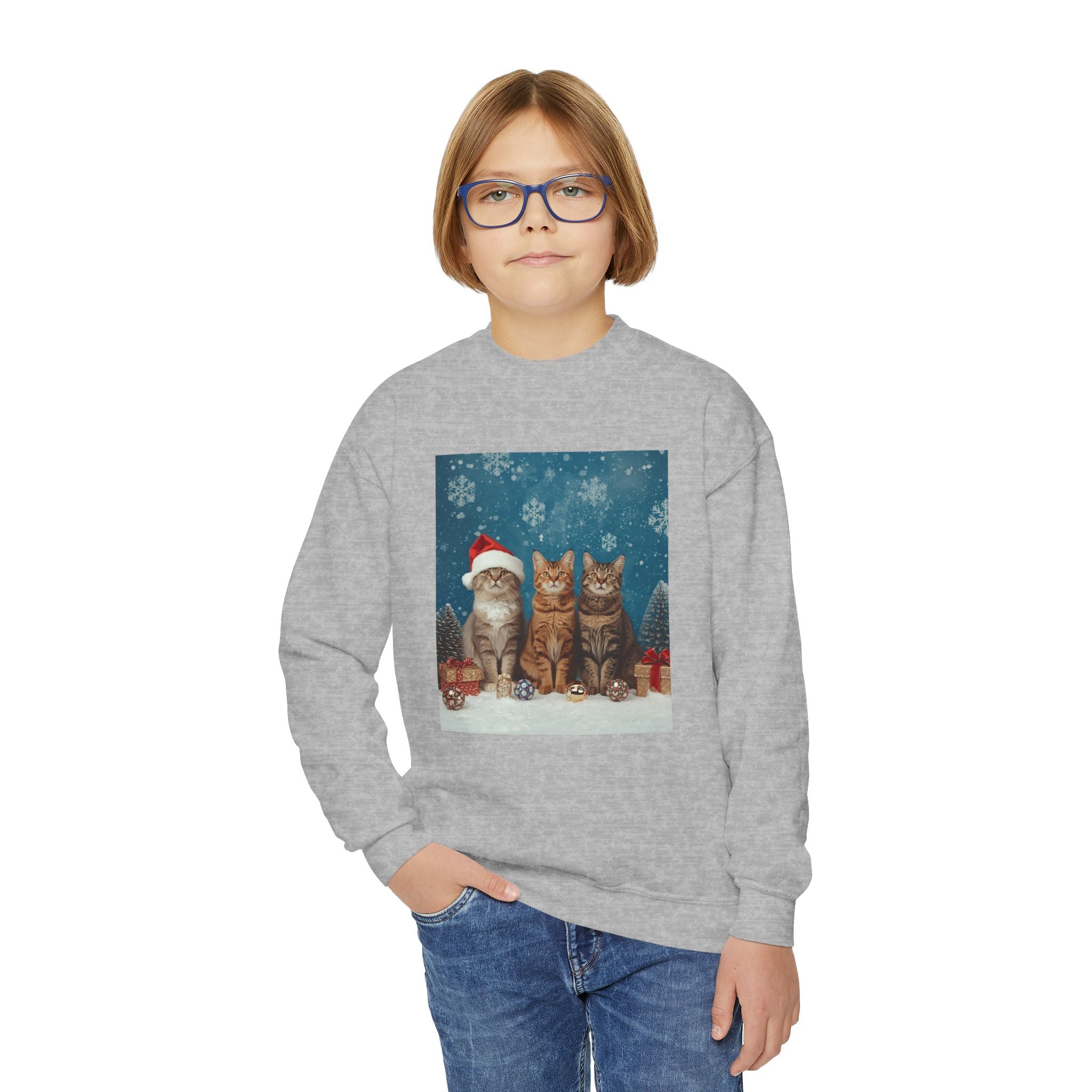 Cute Cat Festive Christmas Youth Crewneck Sweatshirt