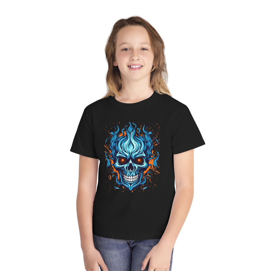 Skull Flame Youth Graphic Skull Tee, Cool Teen Fashion, Edgy Summer Wear, Halloween Costume, Unique Gift for Kids, Casual Everyday Style
