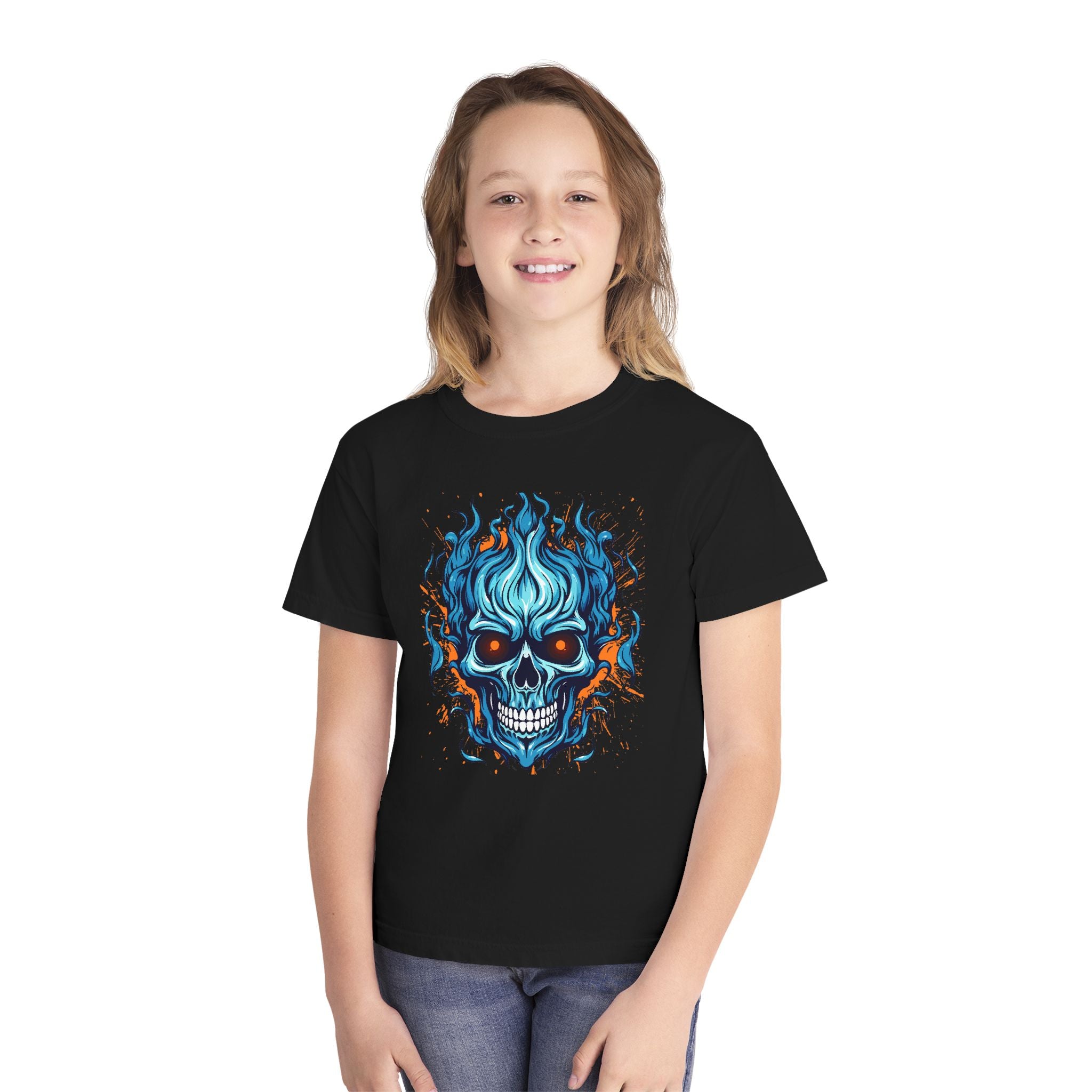Skull Flame Youth Graphic Skull Tee, Cool Teen Fashion, Edgy Summer Wear, Halloween Costume, Unique Gift for Kids, Casual Everyday Style