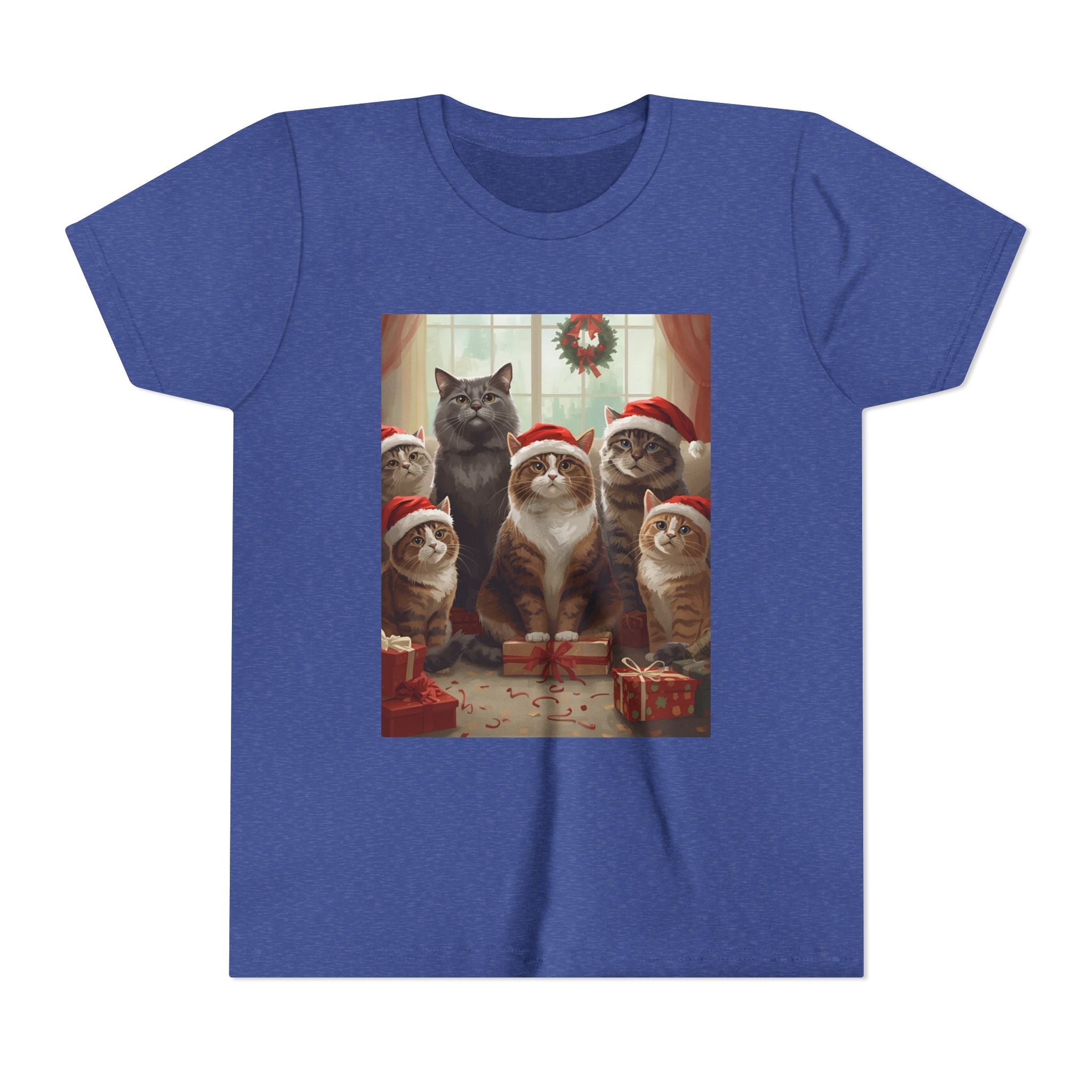 Cute Festive Christmas Cat Youth Short Sleeve Tee
