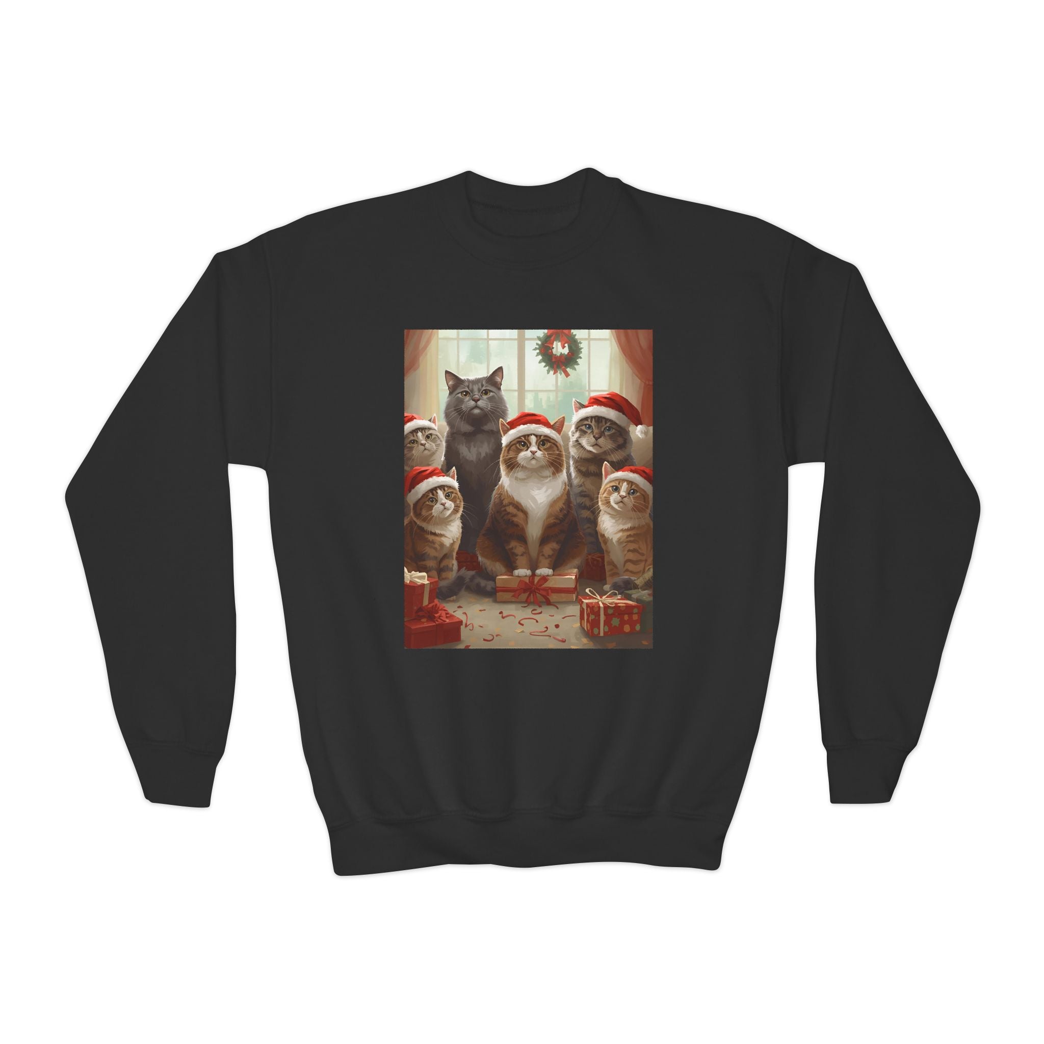 Cute Festive Christmas Cat Youth Crewneck Sweatshirt