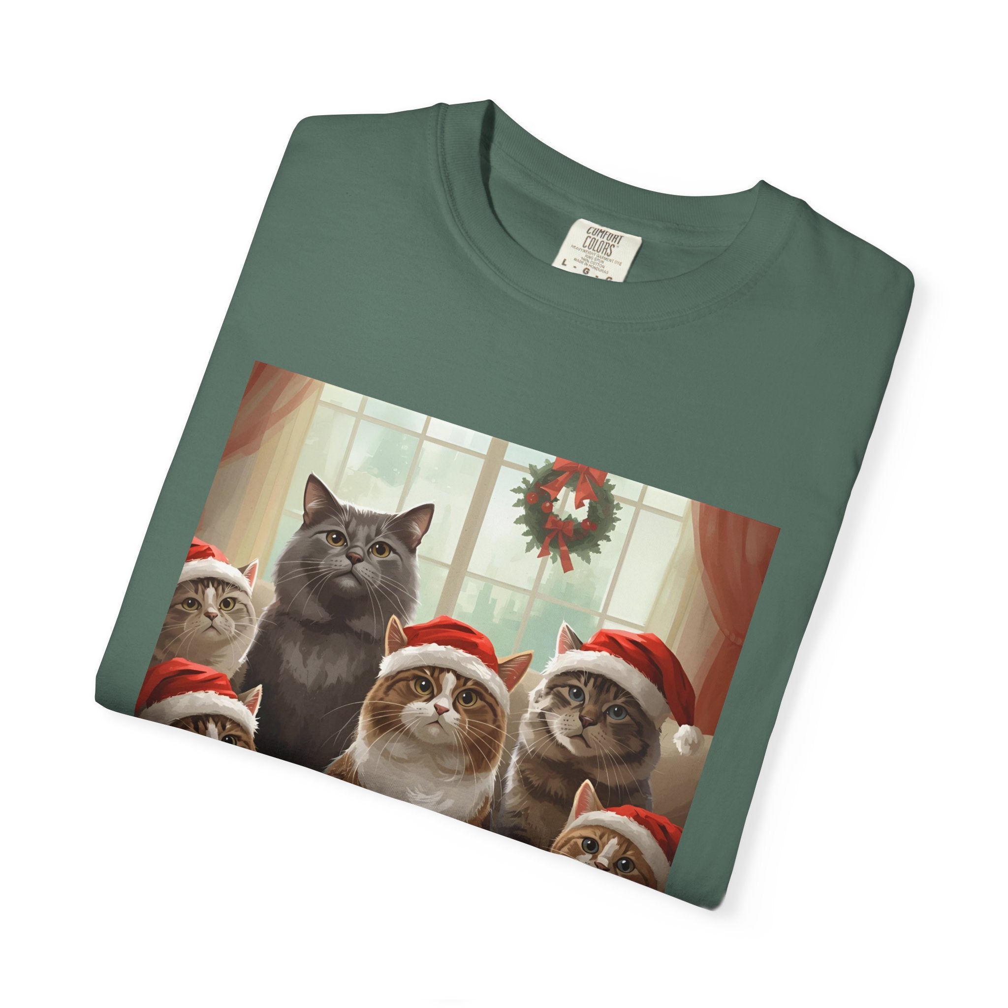 Cute Festive Funny Christmas Cat T-Shirt, Holiday Gift for Cat Lovers, Cute Tee for Winter, Unisex Garment-Dyed Shirt, Christmas Apparel, Festive Outfit