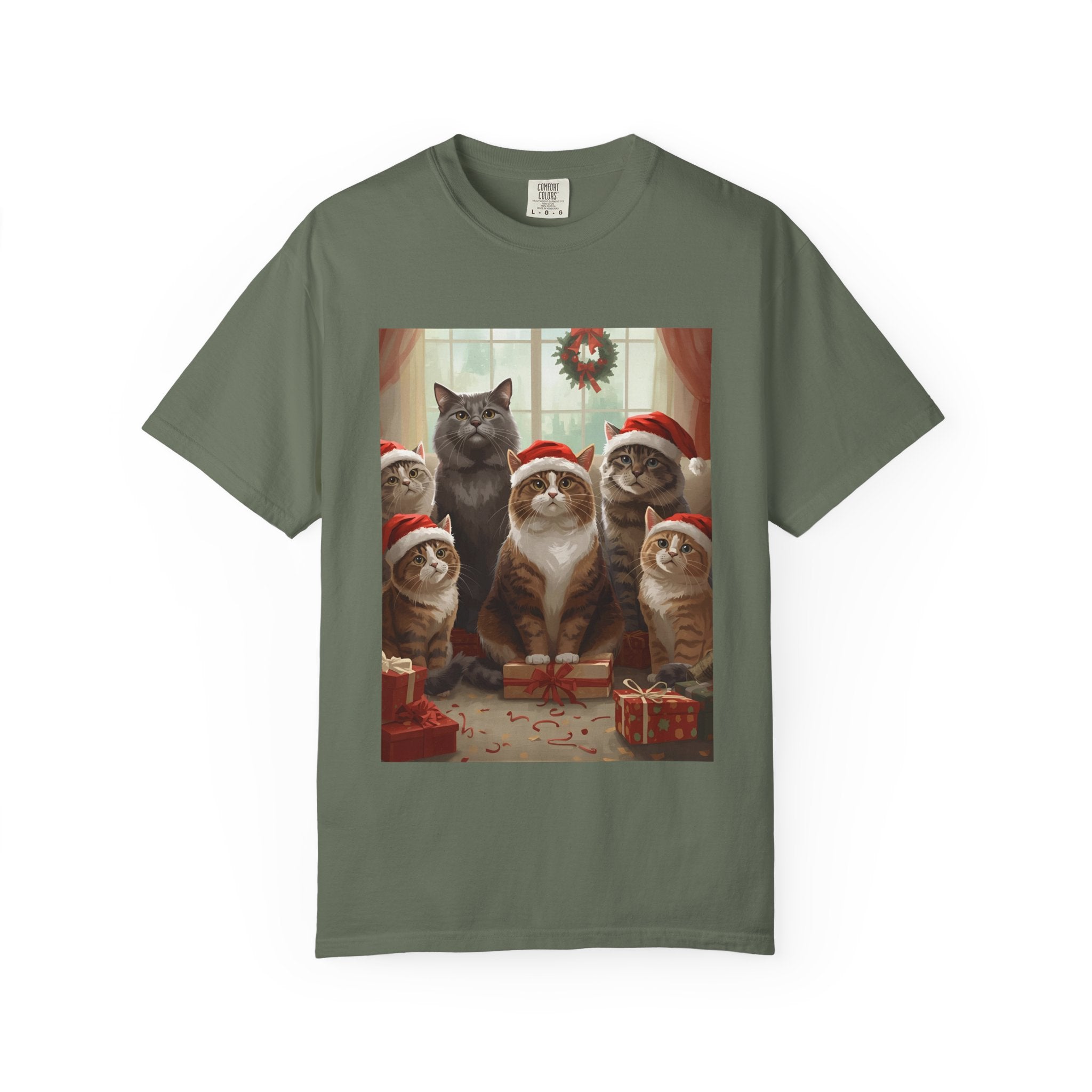 Cute Festive Funny Christmas Cat T-Shirt, Holiday Gift for Cat Lovers, Cute Tee for Winter, Unisex Garment-Dyed Shirt, Christmas Apparel, Festive Outfit