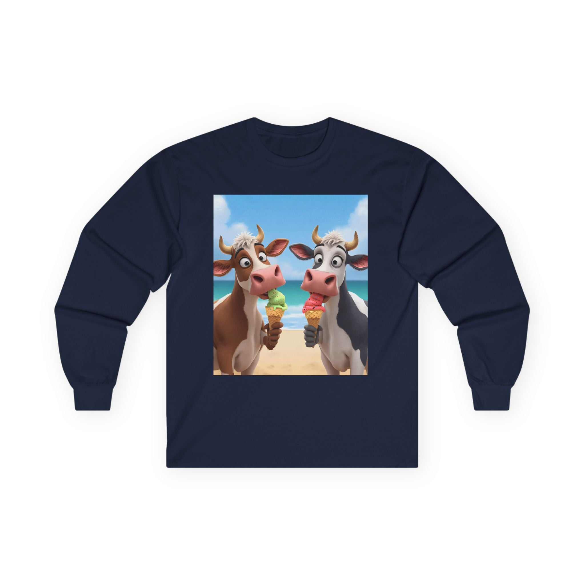 Funny Beach Cow Graphic Long Sleeve Tee, Cute Animal T-Shirt for Kids, Ice Cream Lover Gift, Summer Beach Apparel, Dairy Product Humor