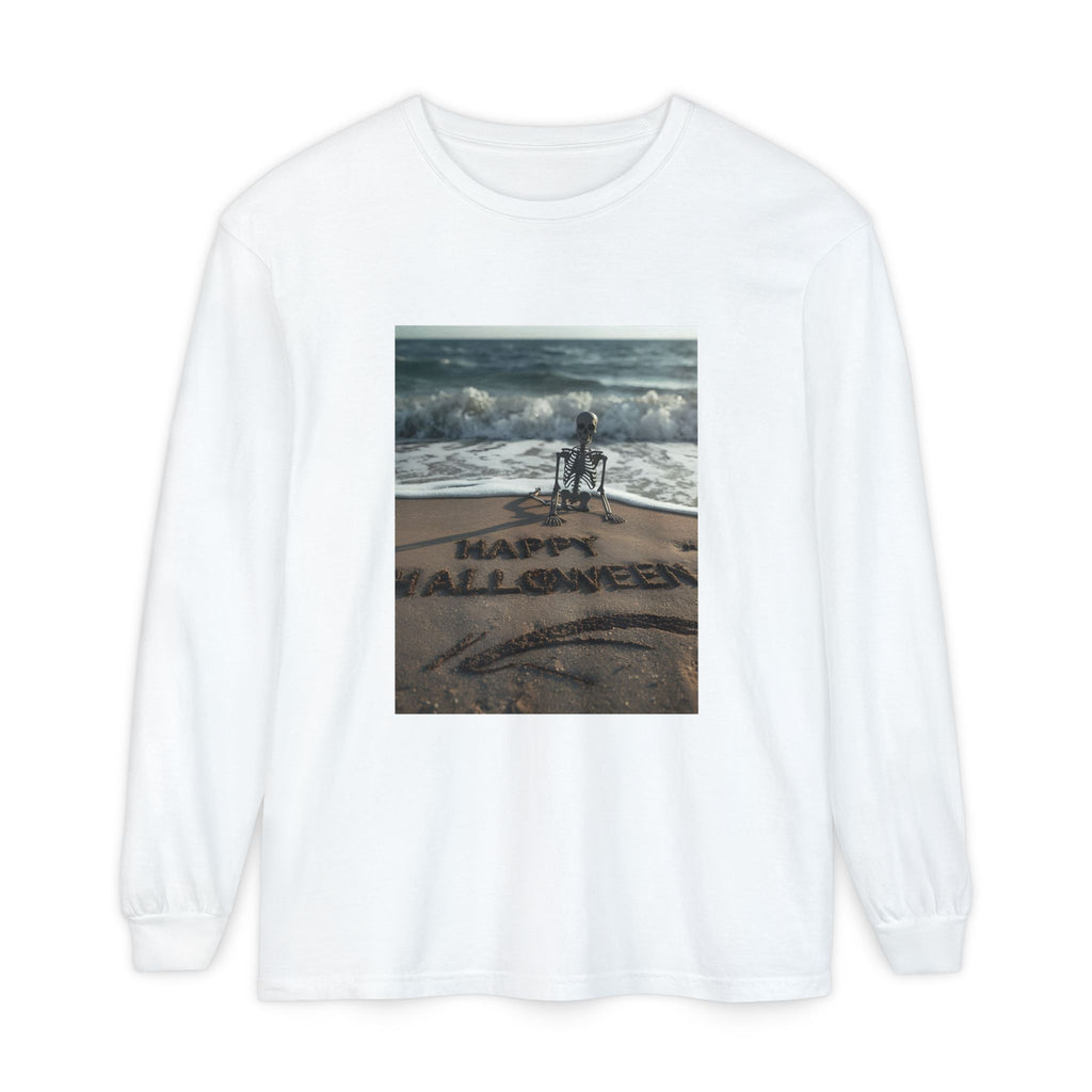 Happy Halloween Beach Skeleton Vibes Unisex Garment-dyed Long Sleeve T-Shirt