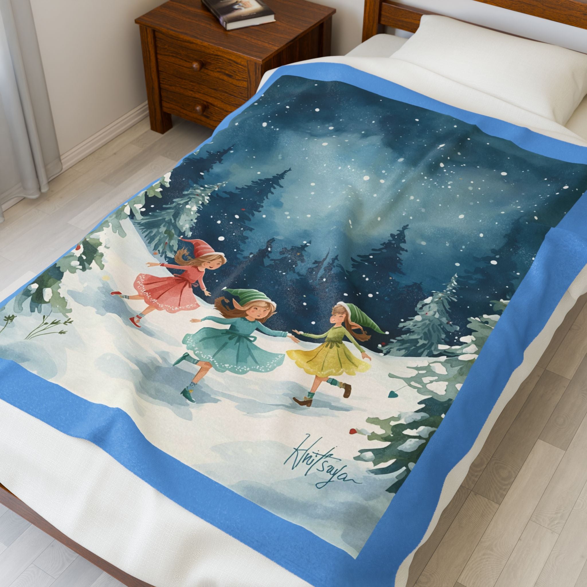 Whimsical Winter Fairy Velveteen Plush Blanket, Cozy Gift, Nursery Decor, Christmas Blanket, Kids Room Accessory