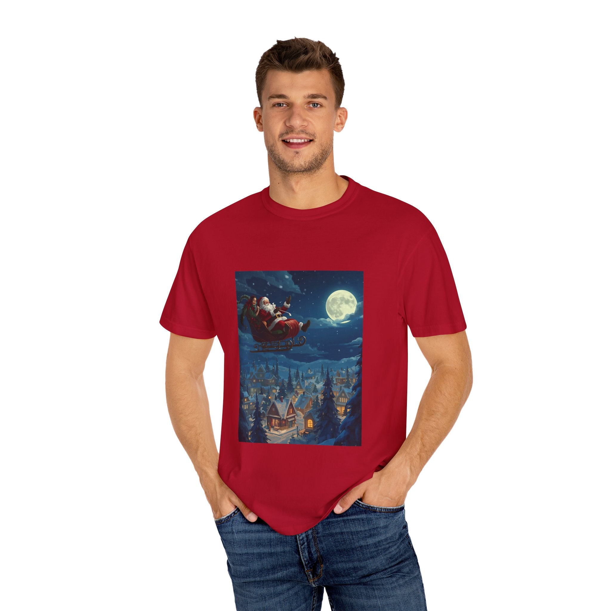 Christmas Santa Sleigh Unisex Garment-Dyed T-shirt