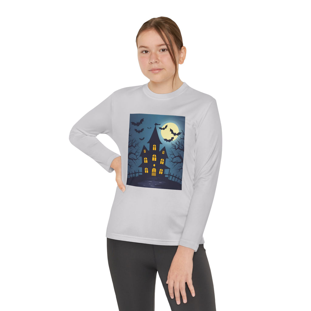 Halloween Haunted House Youth Long Sleeve Tee, Halloween Shirt, Spooky Tee, Ghostly Nightwear, Fall Apparel, Kids Halloween Costume