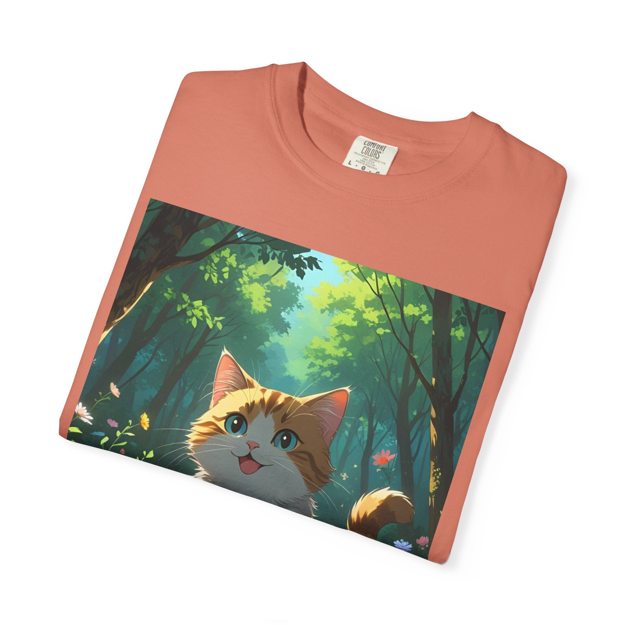 Whimsical Cat In Forest T-Shirt | Nature Lover Gift, Cute Pet Shirt, Animal Art Tee, Summer Outfit, Eco-Friendly Fashion