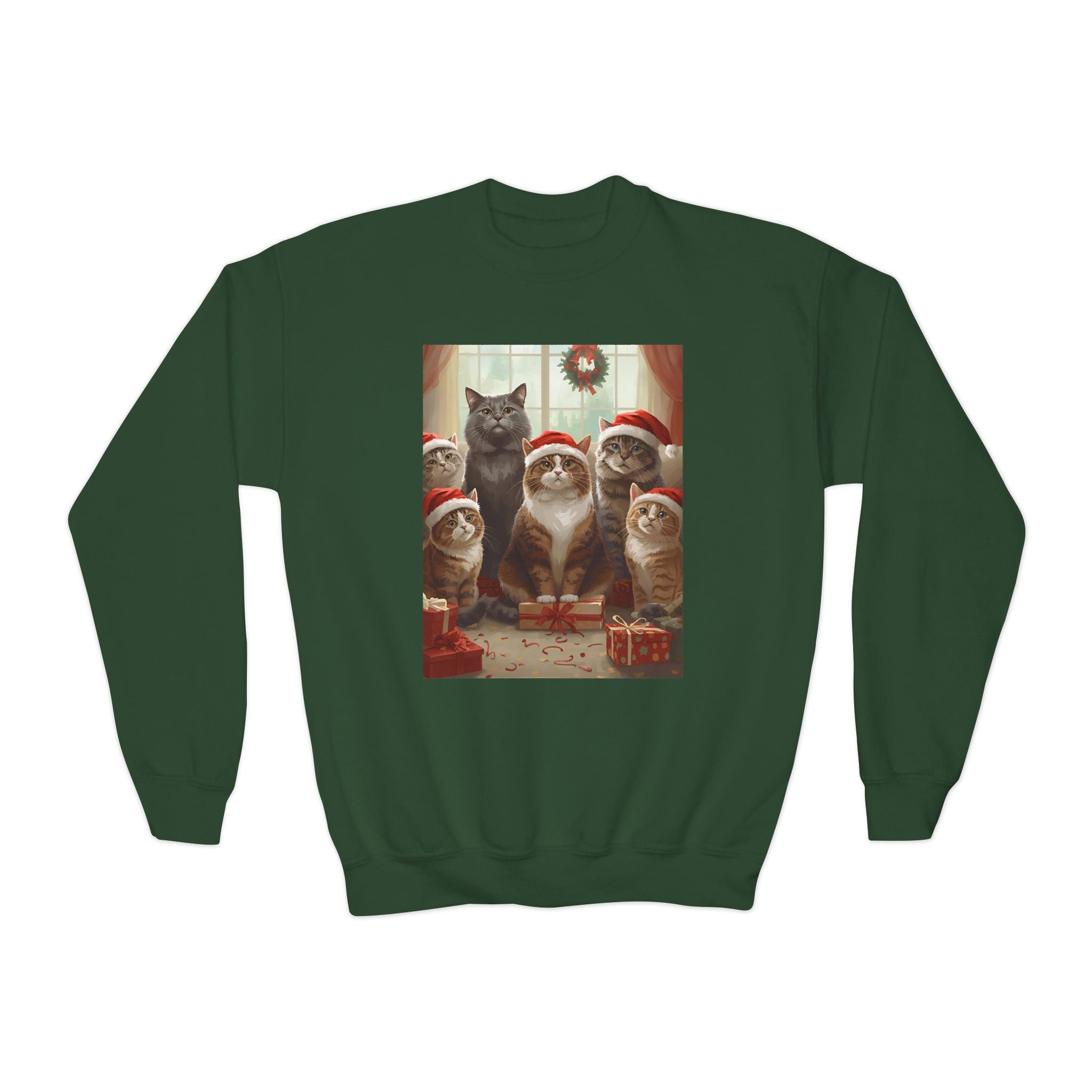 Cute Festive Christmas Cat Youth Crewneck Sweatshirt