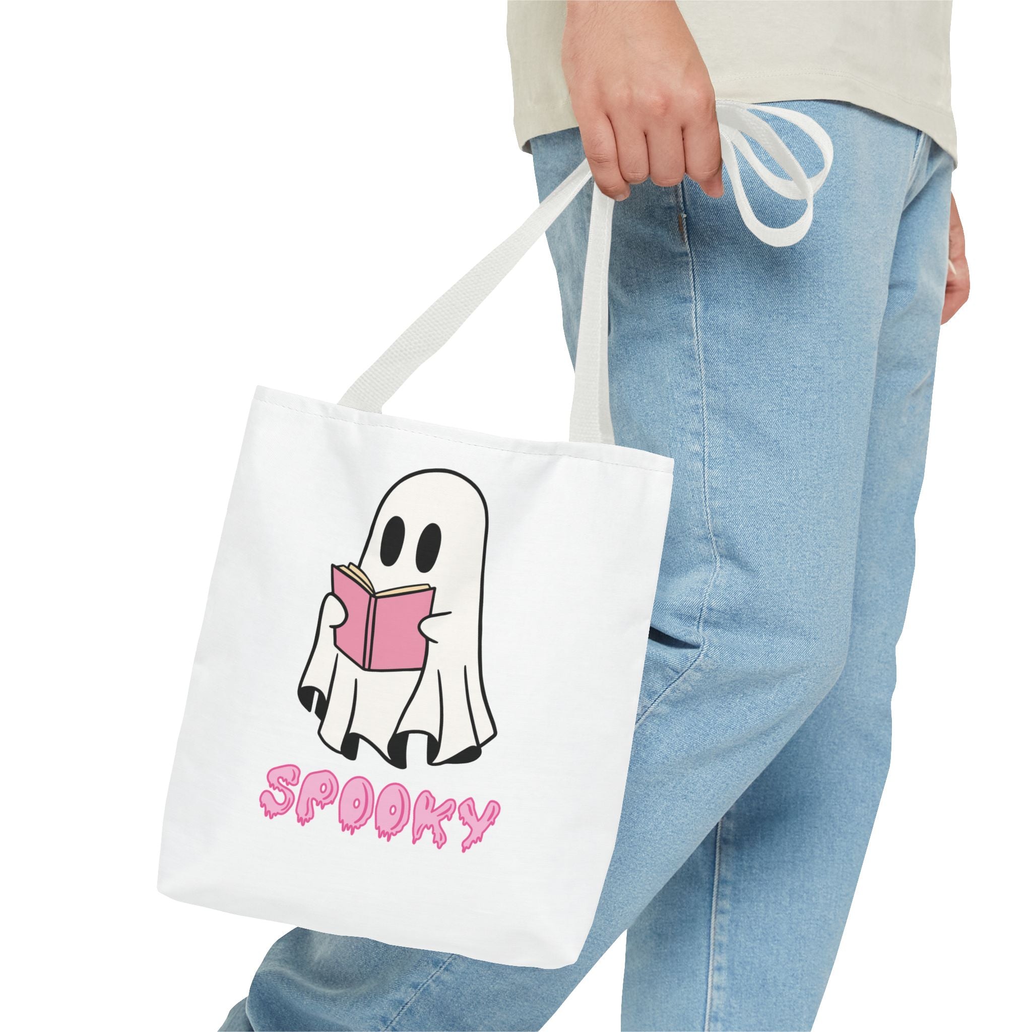Spooky Ghost Reading Tote Bag | Halloween Accessory, Cute Book Lover Gift, Eco-Friendly, Shopping Bag, AOP Design