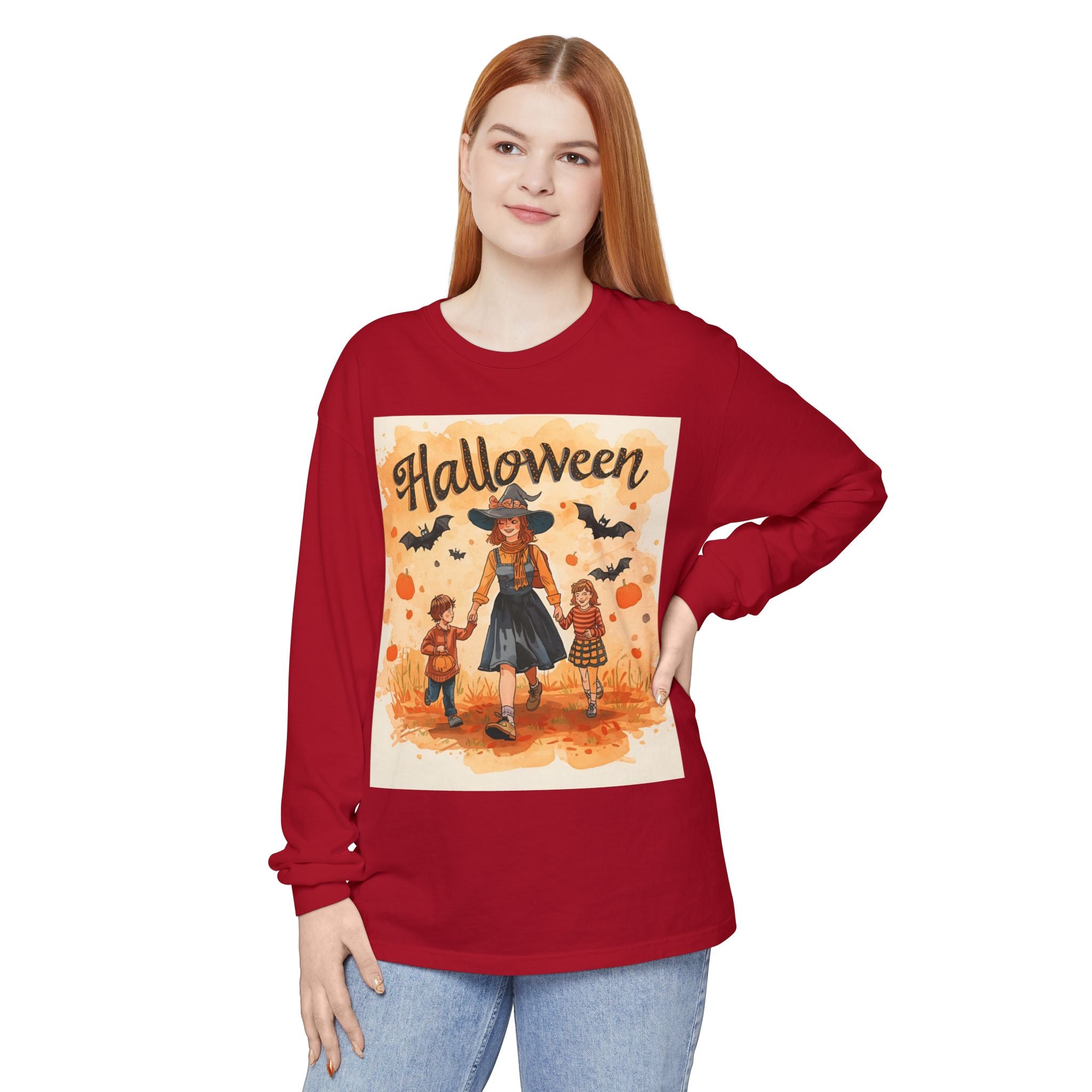 Halloween Themed Mom And Children Unisex Garment-dyed Long Sleeve T-Shirt