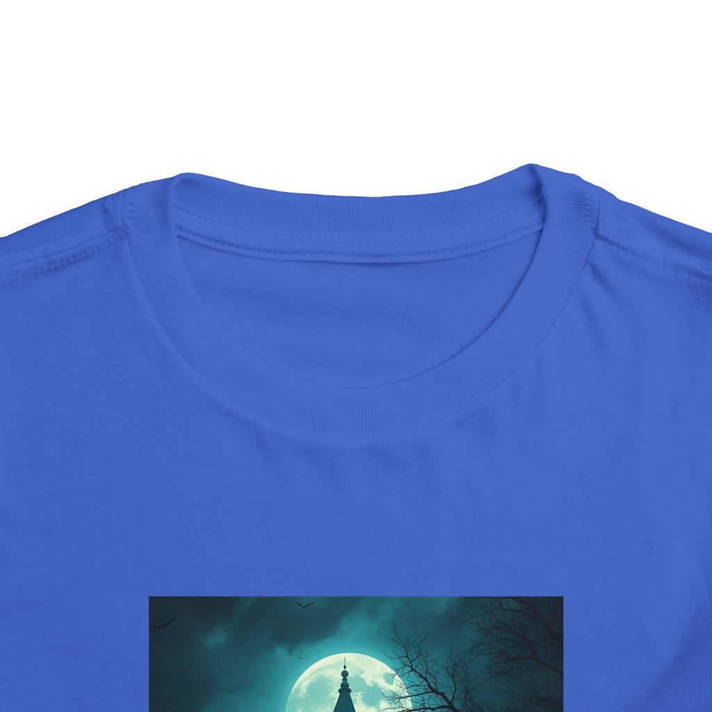 Haunted Moonlight Toddler Halloween Short Sleeve Tee, Ghostly Castle Shirt, Spooky Toddler Tee, Kids Halloween Costume Top, Fall Festivity Apparel