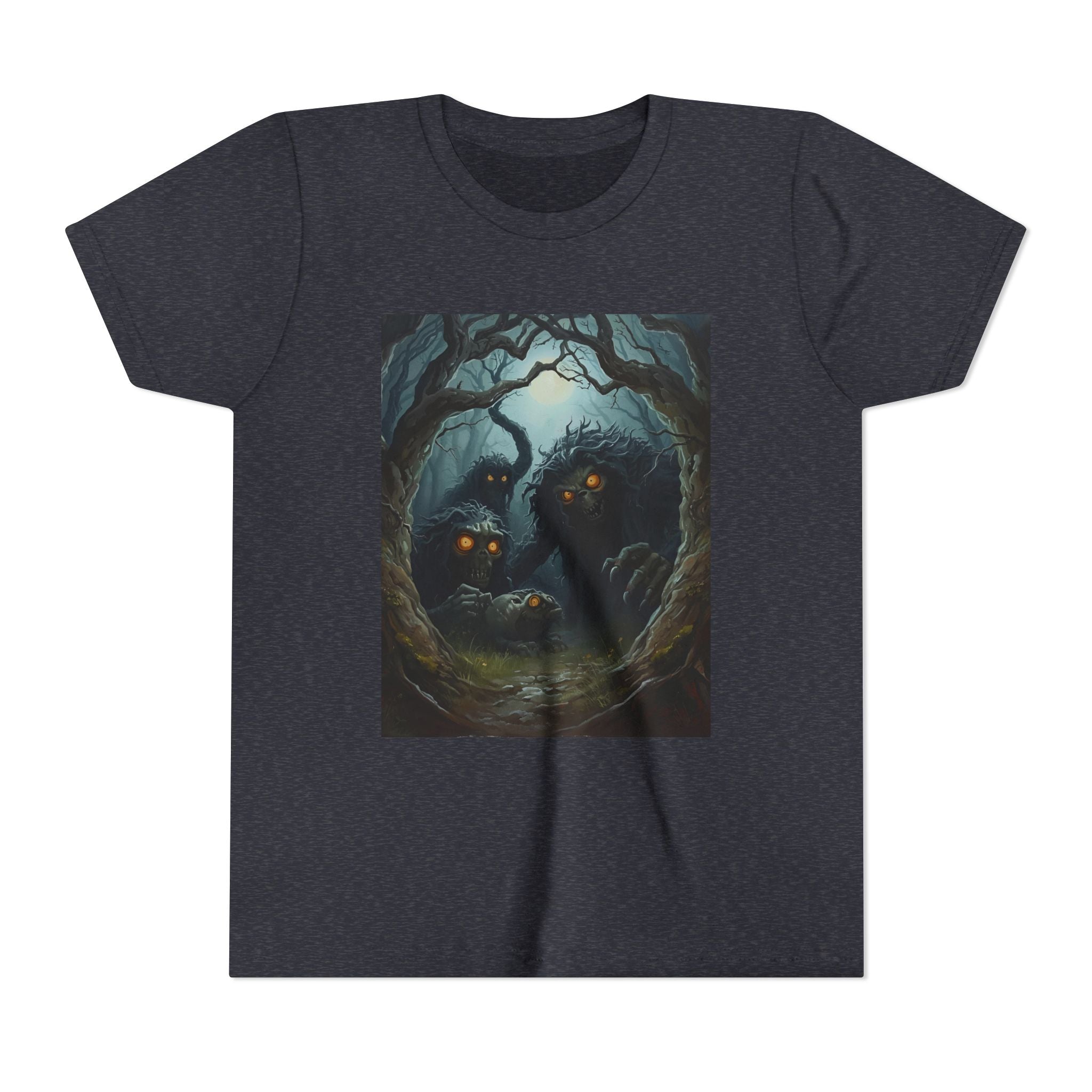 Spooky Mystical Forest Creatures Youth Tee, Cool Graphic T-Shirt, Kids Nature Shirt, Unique Gift for Boys & Girls, Perfect for Halloween