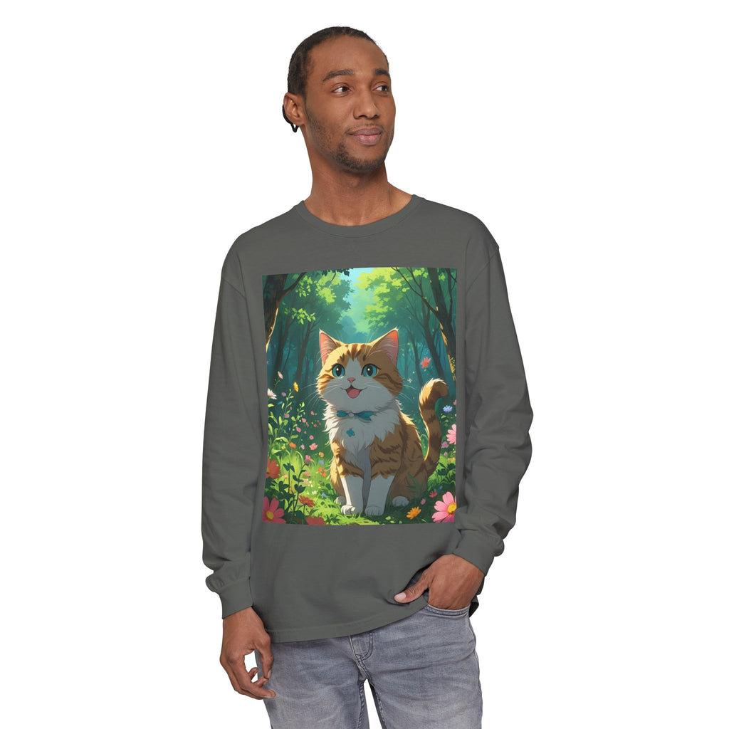 Whimsical Cat In Forest Long Sleeve T-Shirt - Perfect for Cat Lovers, Nature Enthusiasts, Gifts, Cozy Wear, Everyday Style