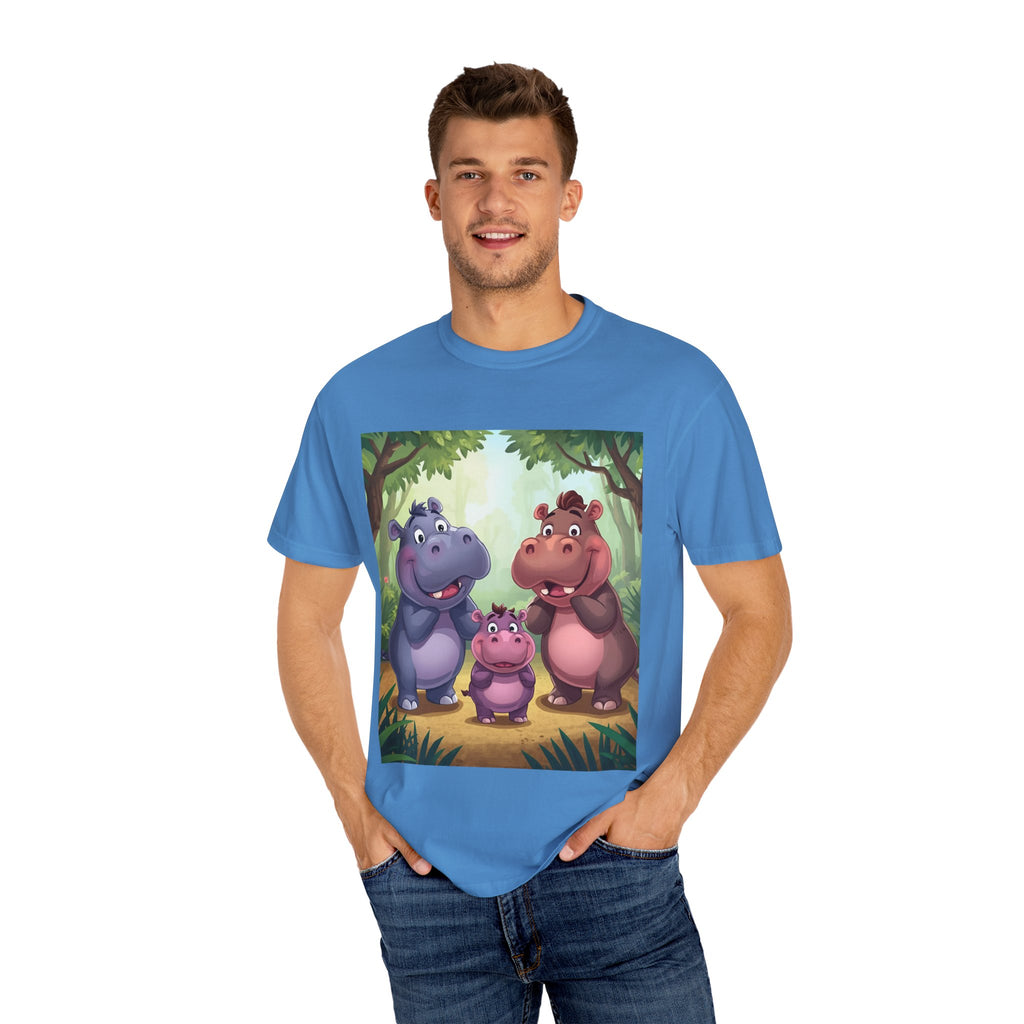 Cute Hippo Family T-Shirt, Unisex Garment-Dyed Tee, Animal Lovers Gift, Kids & Adults, Birthday, Family Reunion, Casual Wear