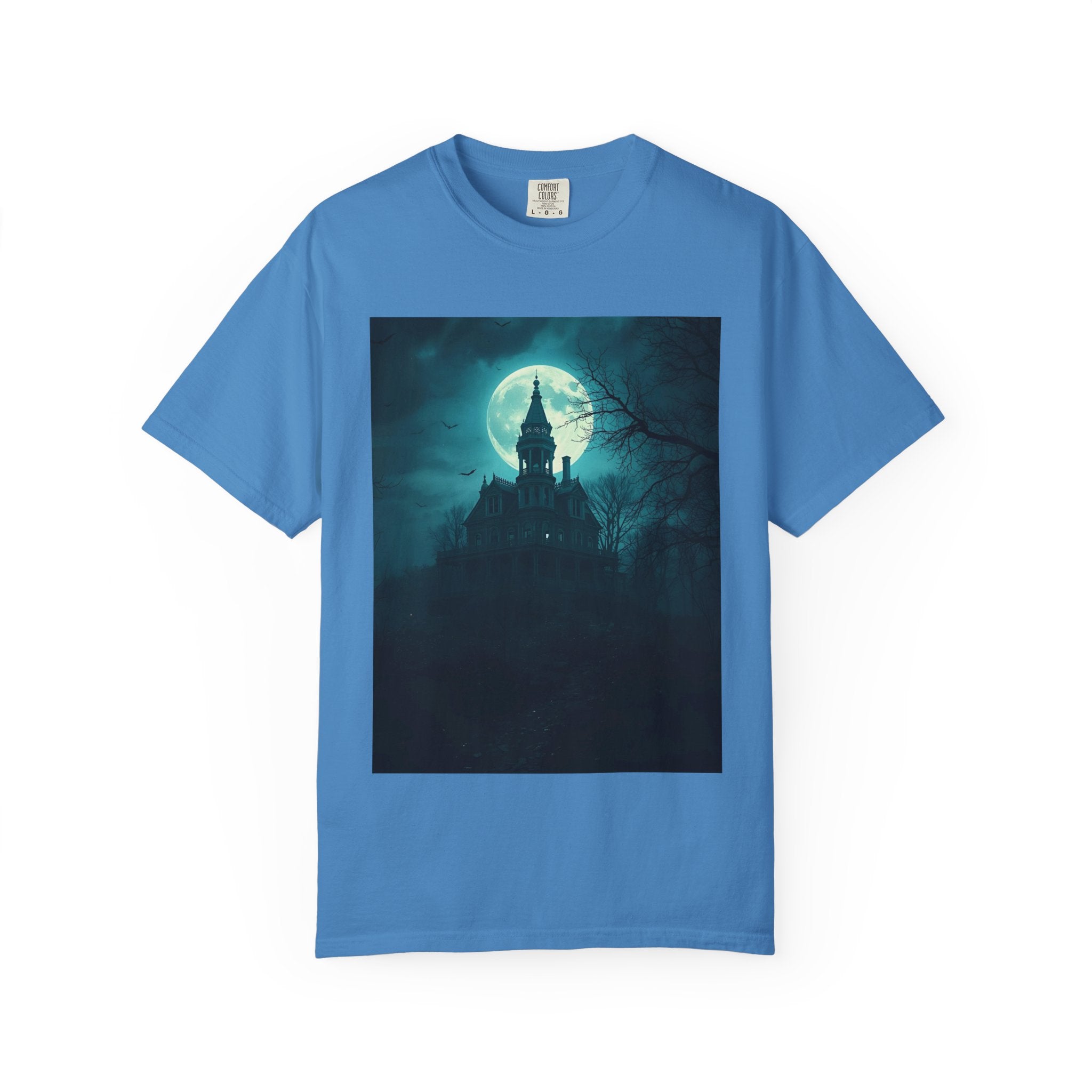 Haunted Moonlight Spooky Castle Graphic Tee | Unisex Garment-Dyed T-shirt, Halloween Shirt, Graphic Tee, Casual Wear, Gift for Ghost Lovers